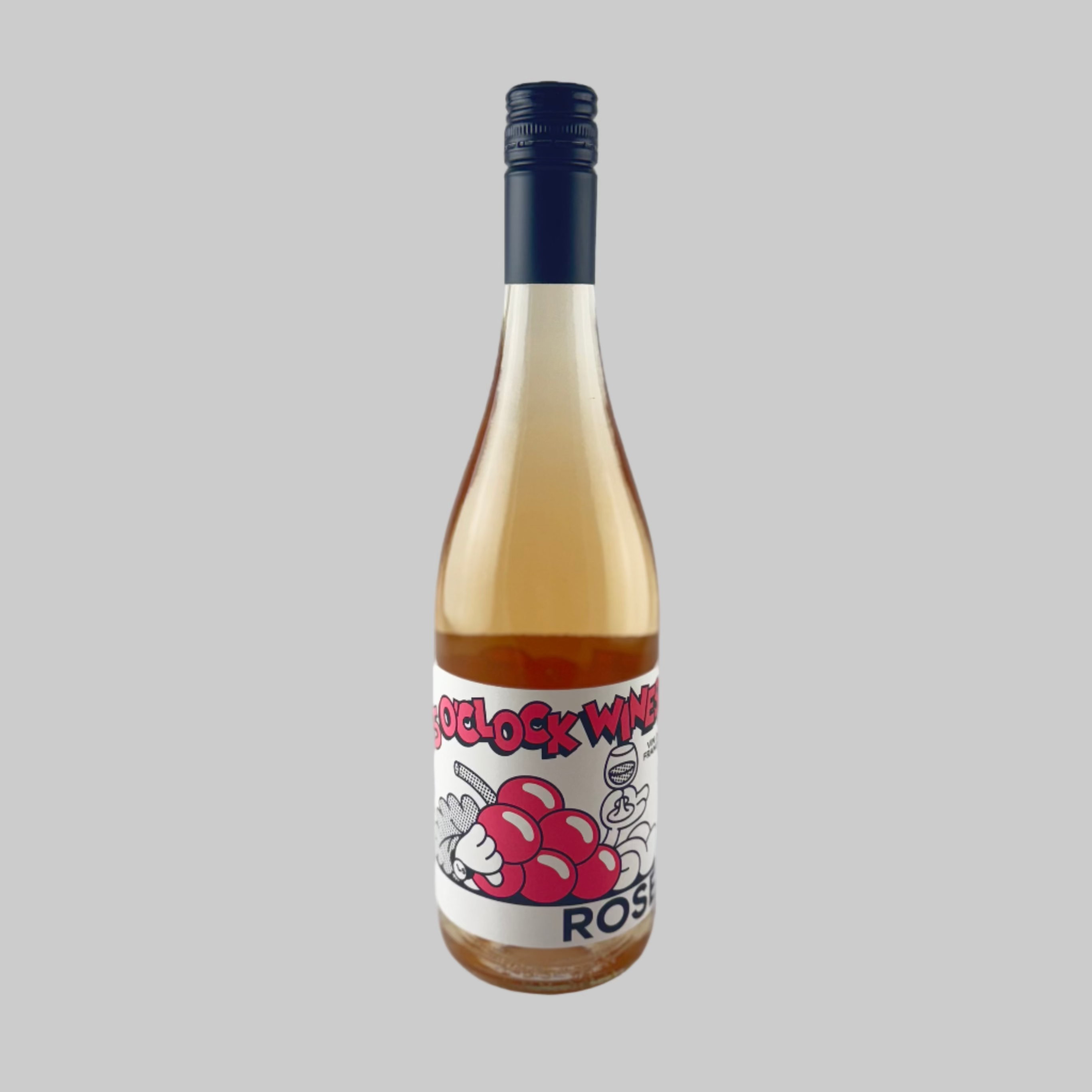 Bottle of 5'Oclock Rosé wine with a colorful label on a gray background