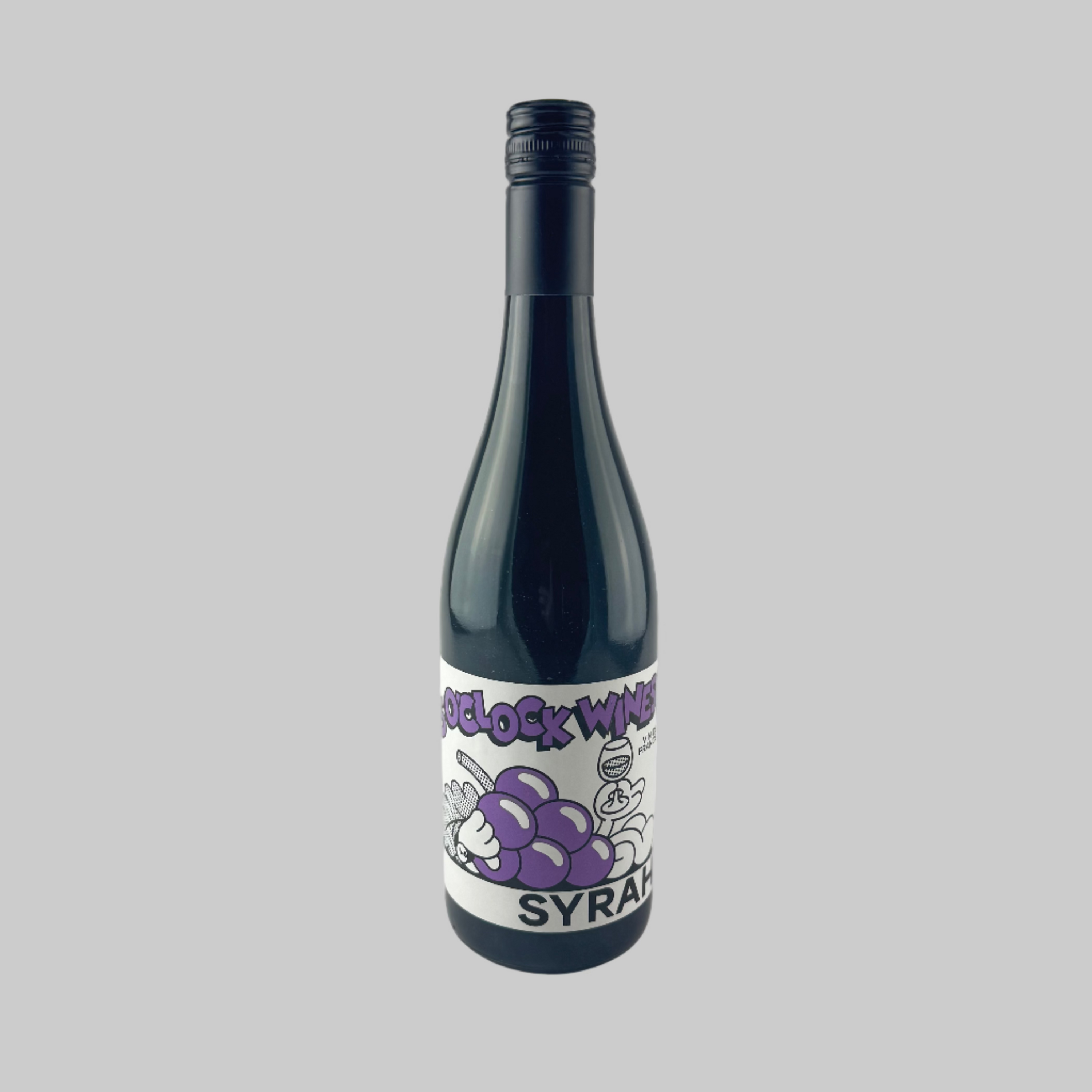 Bottle of 5'Oclock Syrah Wine with a white and purple label on a grey background