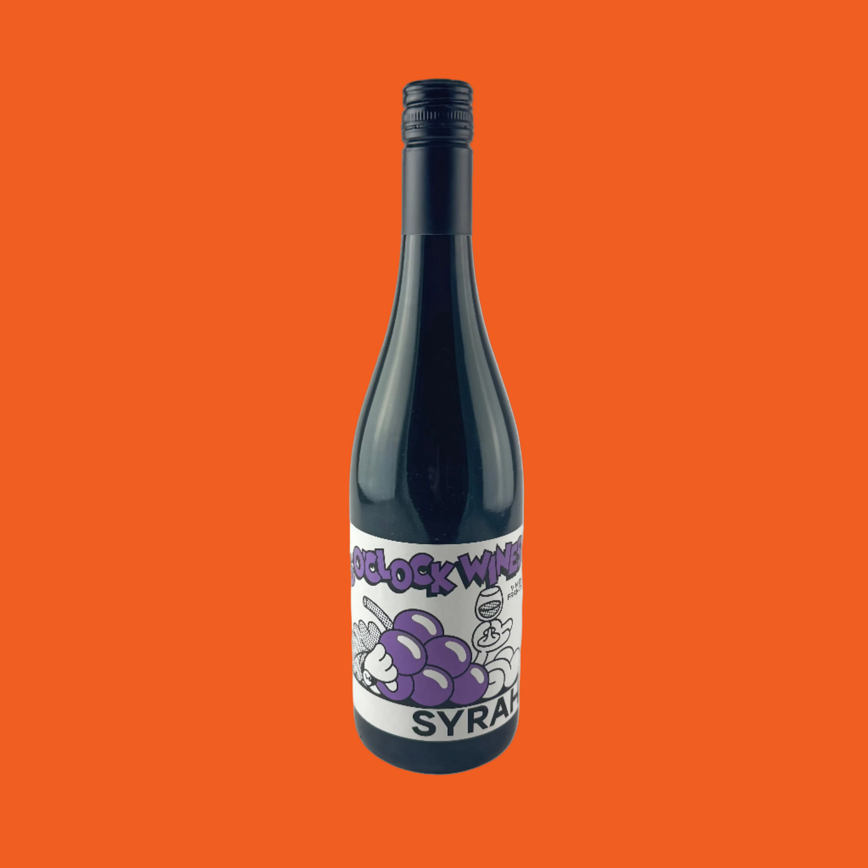 Wine bottle with a purple grape cartoon label on a orange background