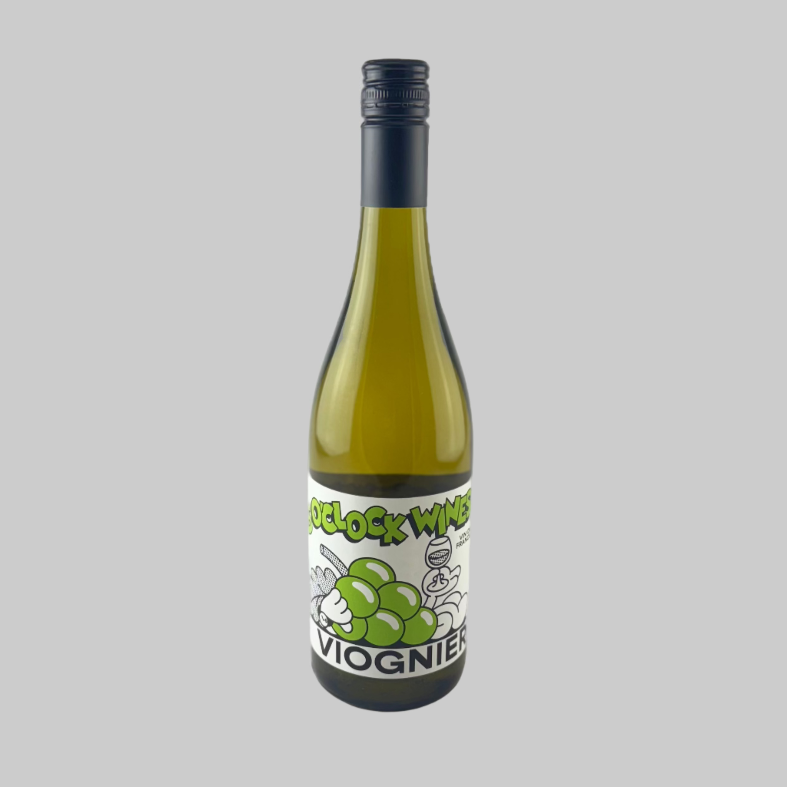 Bottle of 5Oclock Wines Viognier with a cartoon white and green label on a grey background