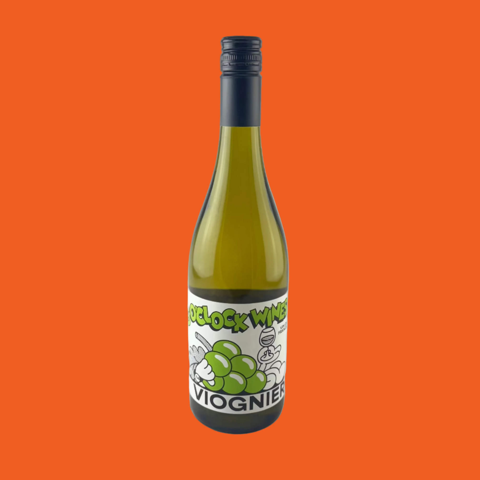 Wine bottle with a green and white grapes label on a orange background
