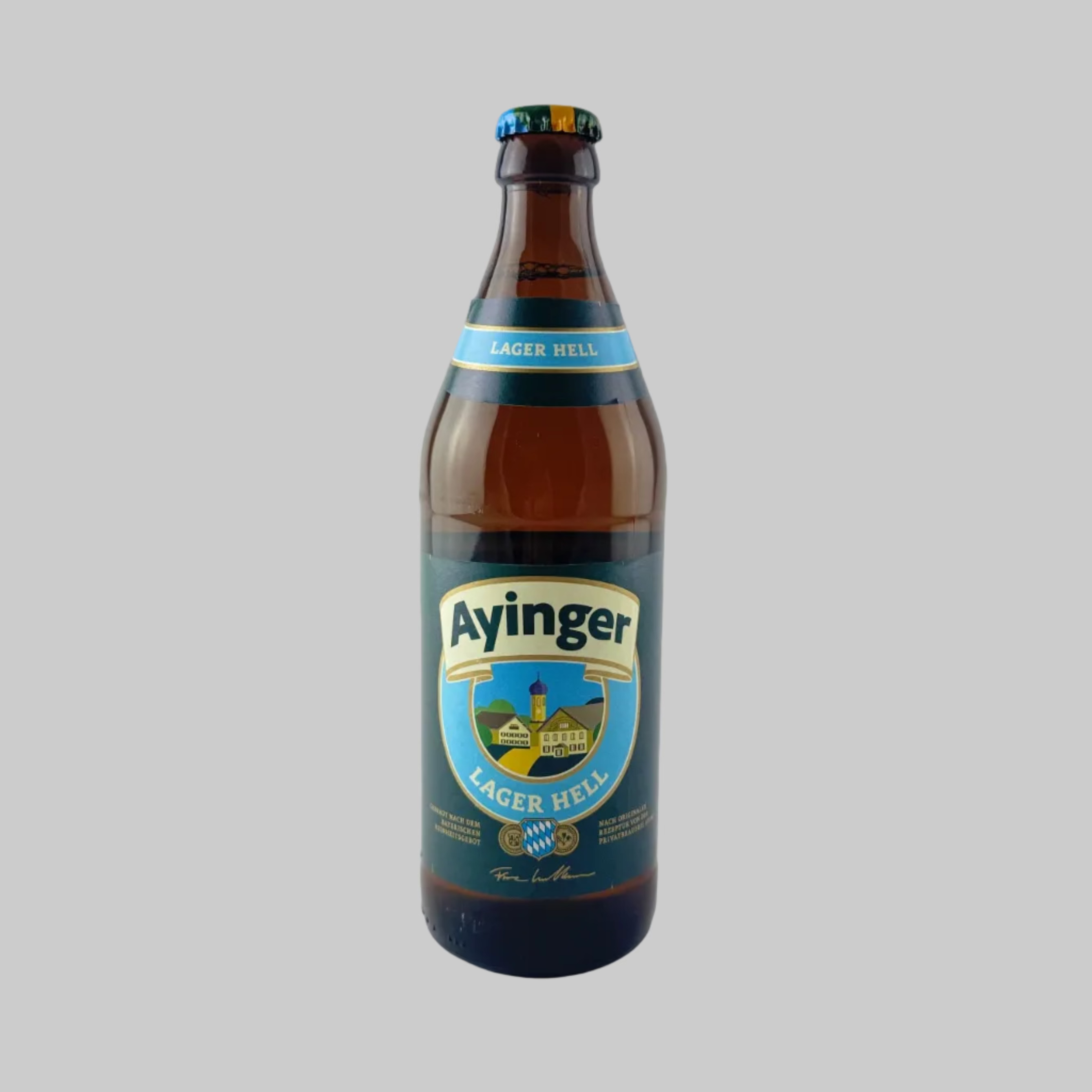 Bottle of Ayinger Lager Hell Beer with a blue and green label on a grey background