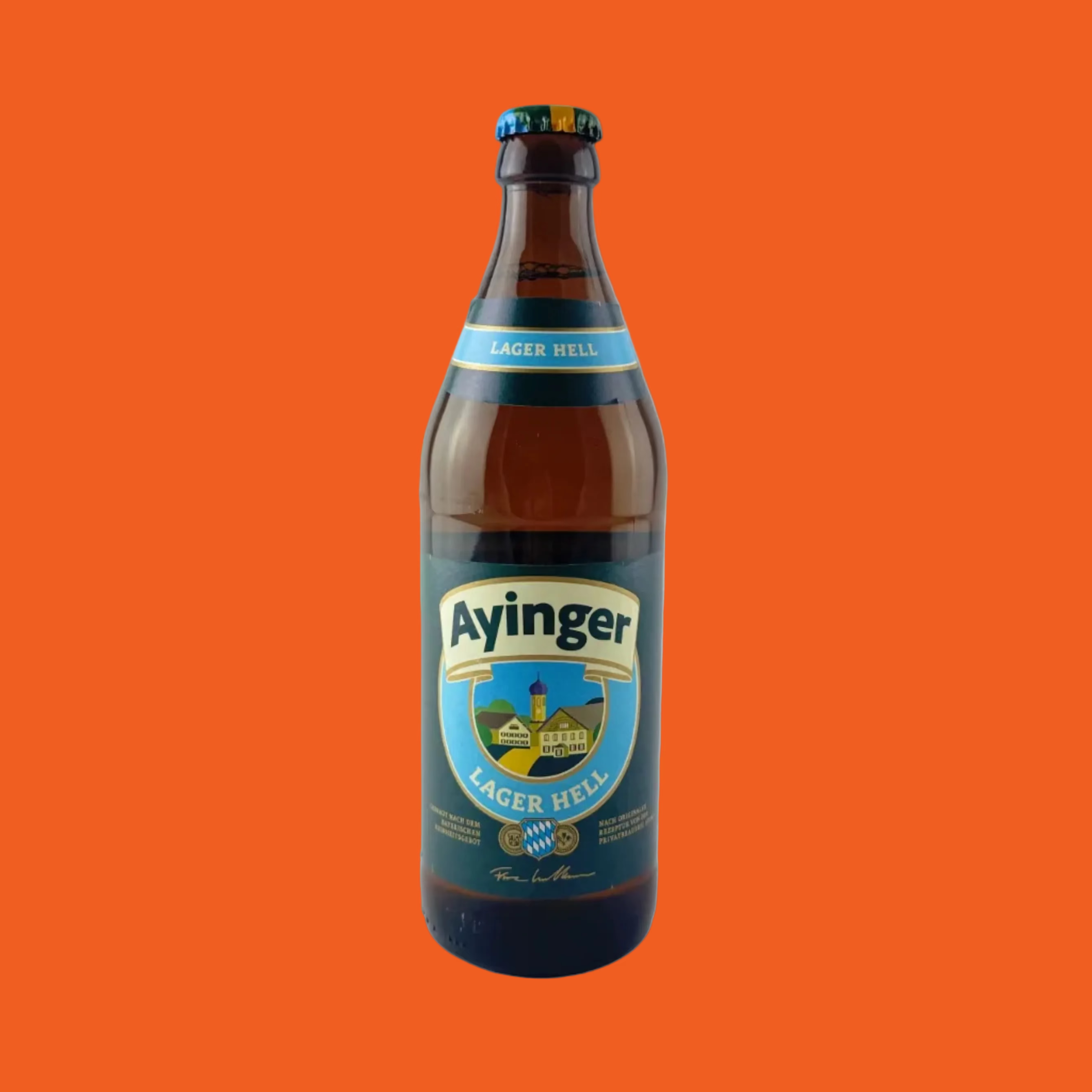 Brown beer bottle with 'Ayinger' label on a orange background
