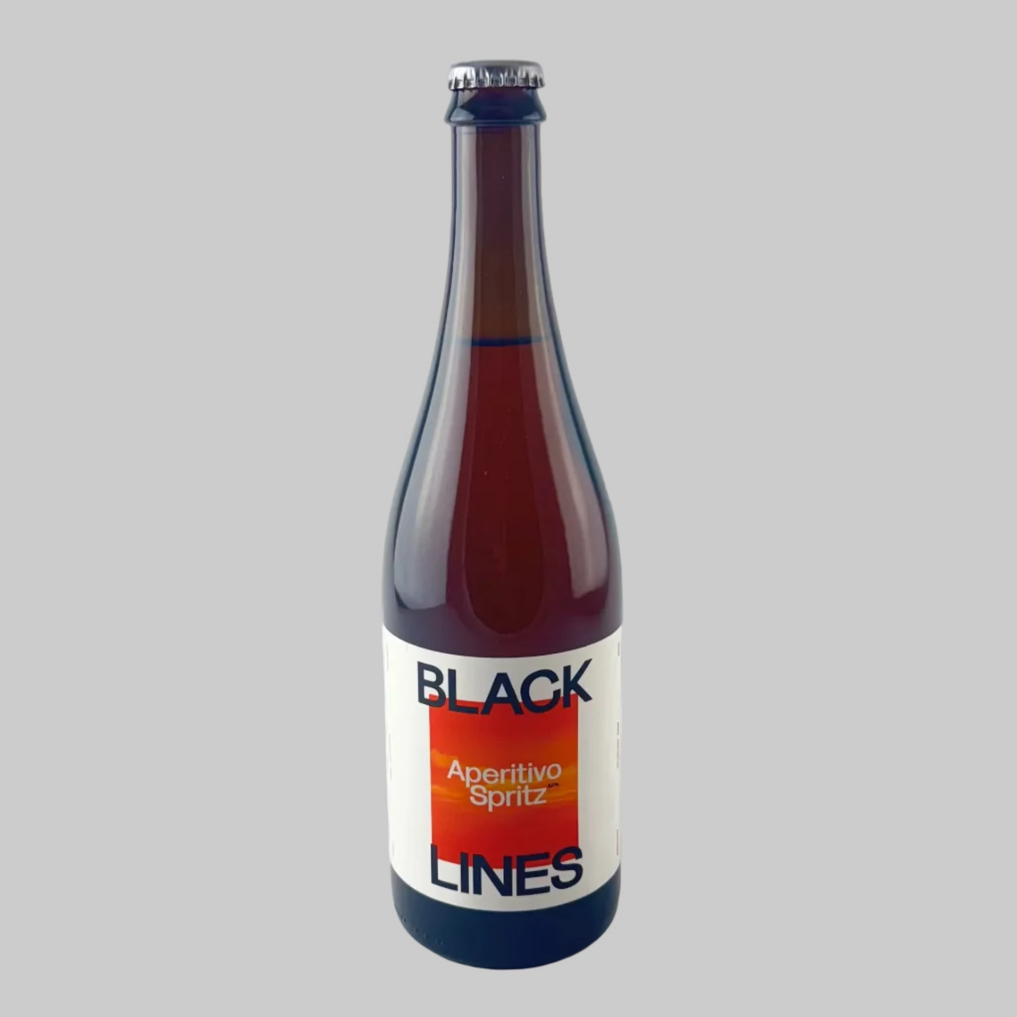 Bottle of Aperitivo Spritz Cocktail from Black Lines with white and red label on a grey background