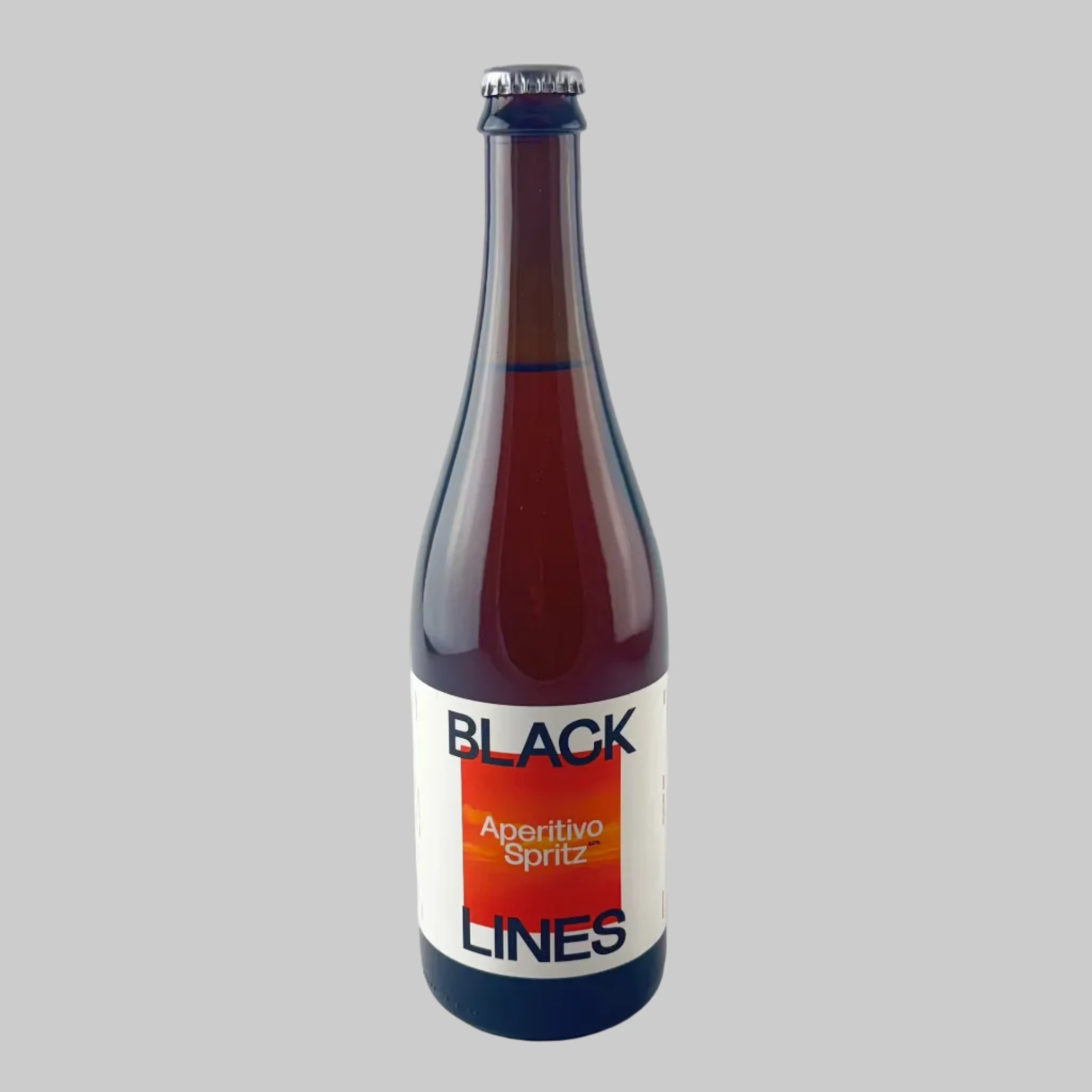 Bottle of Aperitivo Spritz Cocktail from Black Lines with white and red label on a grey background