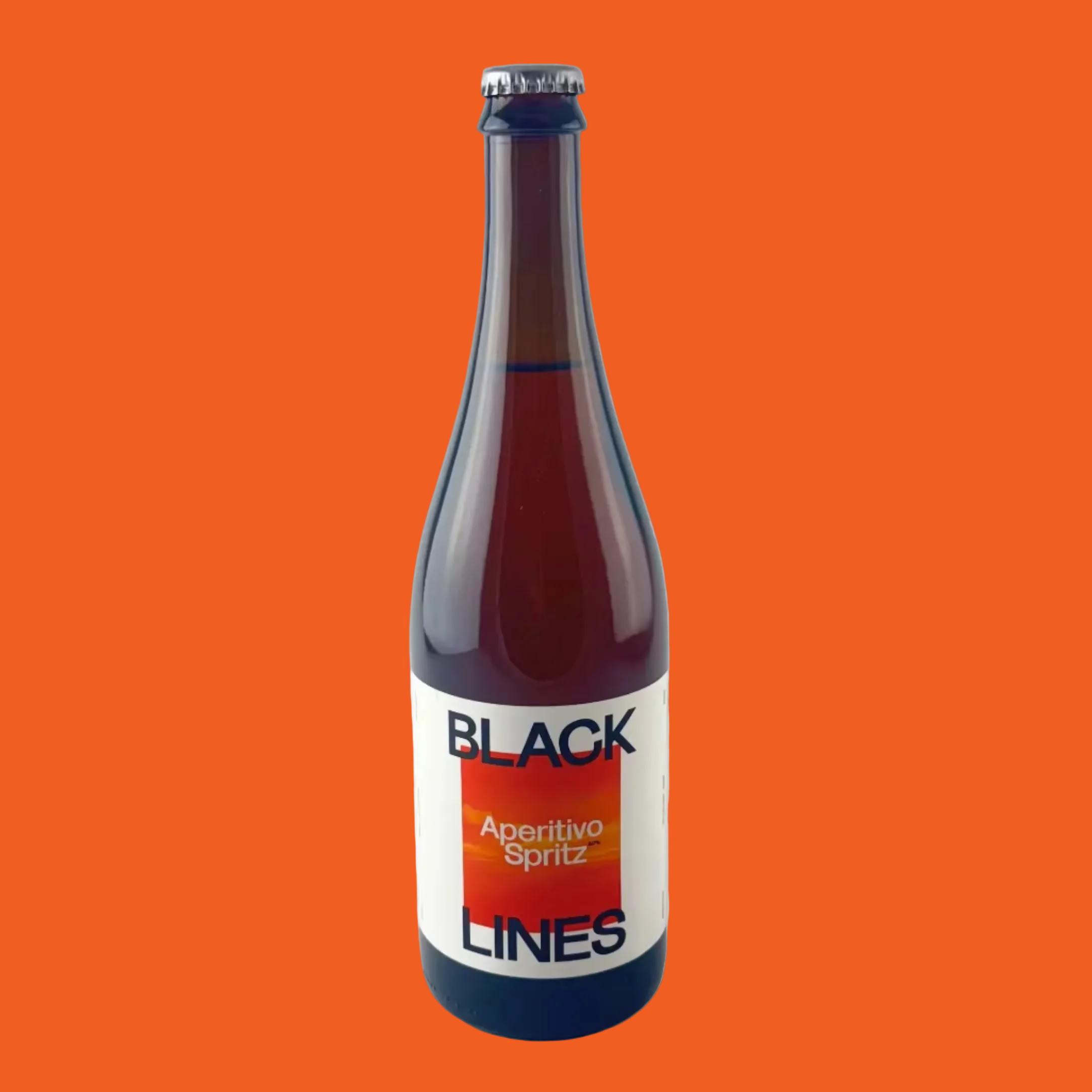Bottle of Black Lines Aperitivo Spritz on a orange background