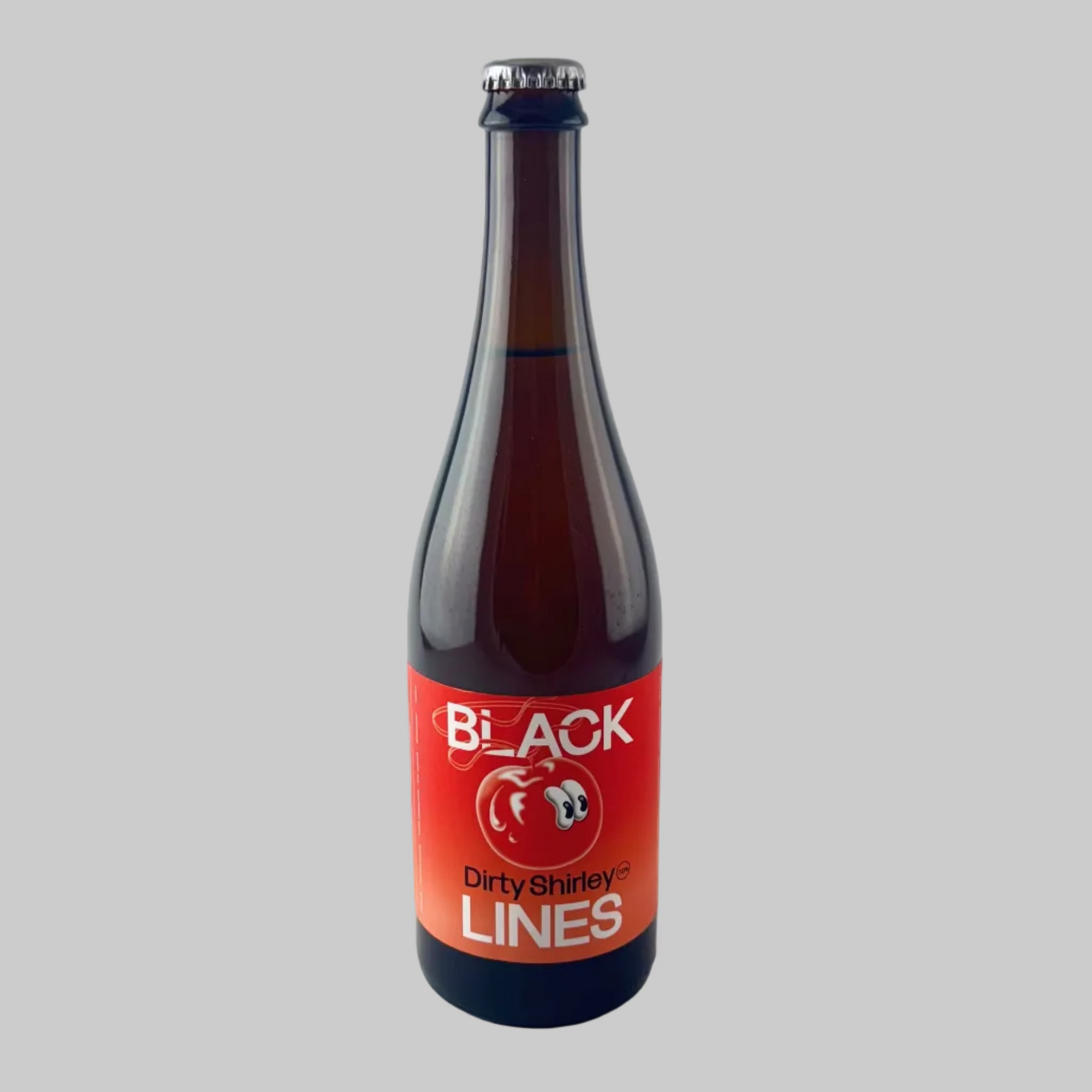Bottle of Black Lines Dirty Shirley Cocktail with a red cherry label on a grey background
