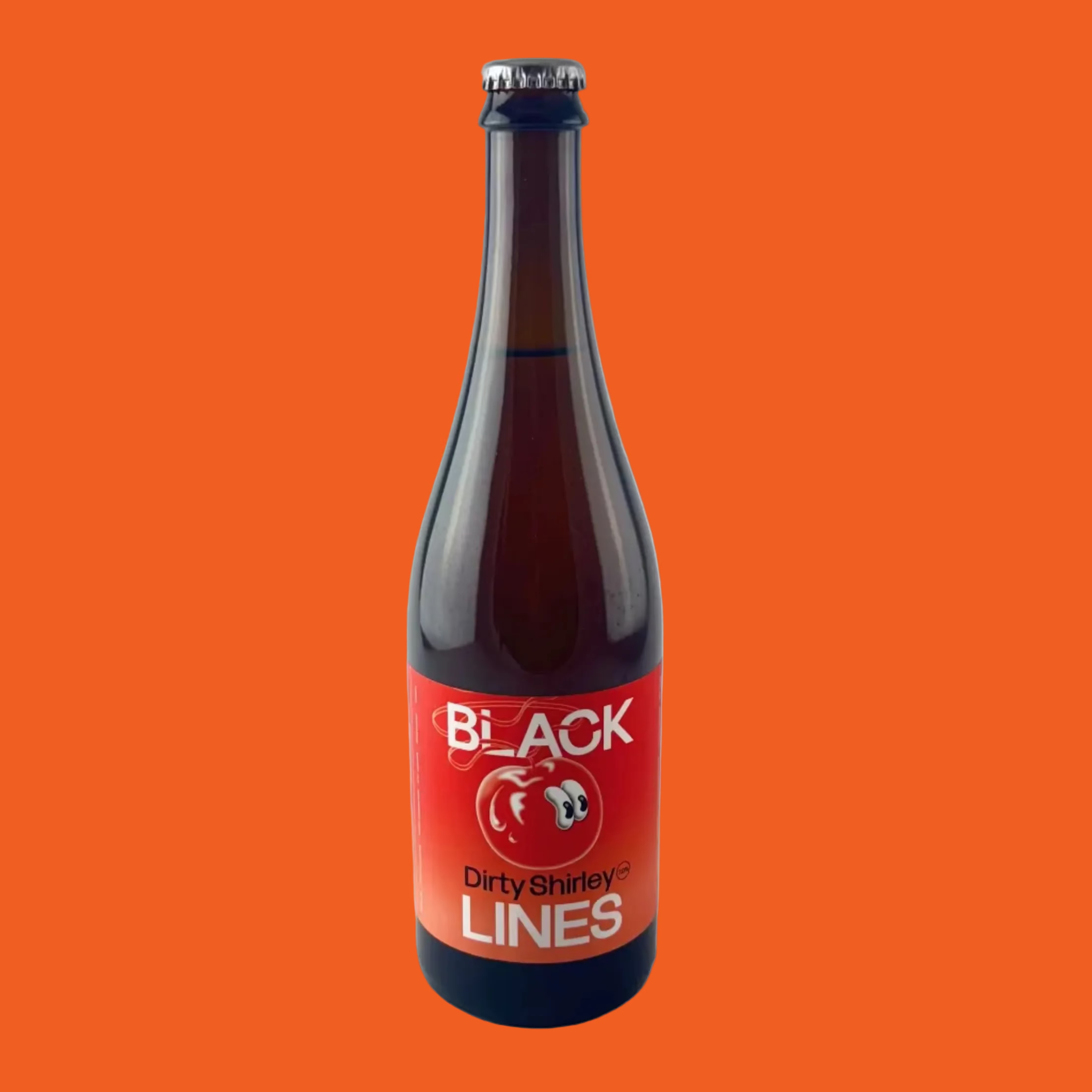 Bottle of Black Lines Dirty Shirley cocktail with a red label on a black bottle, on a orange background