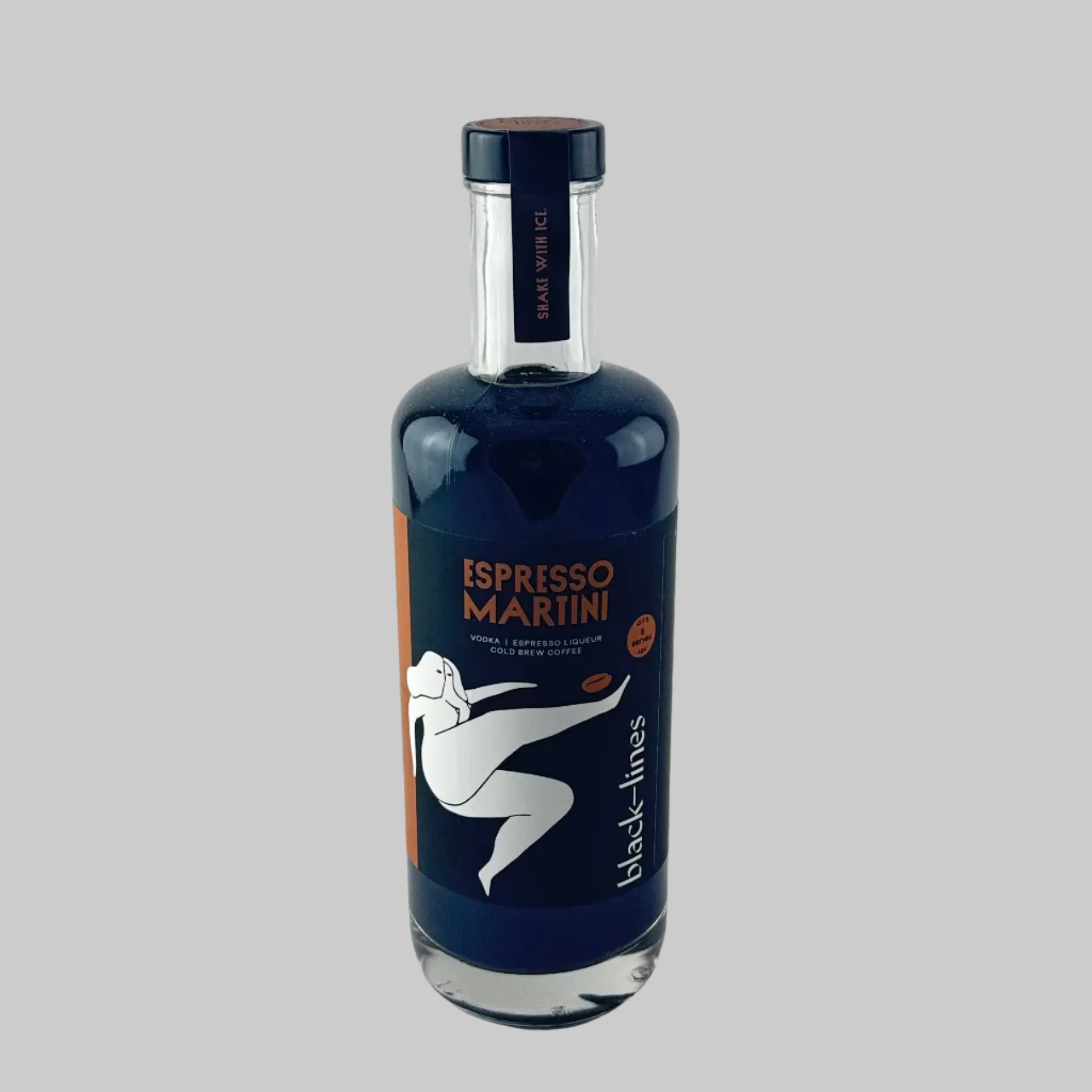 Bottle of Black Lines Espresso Martini with black label on a grey background