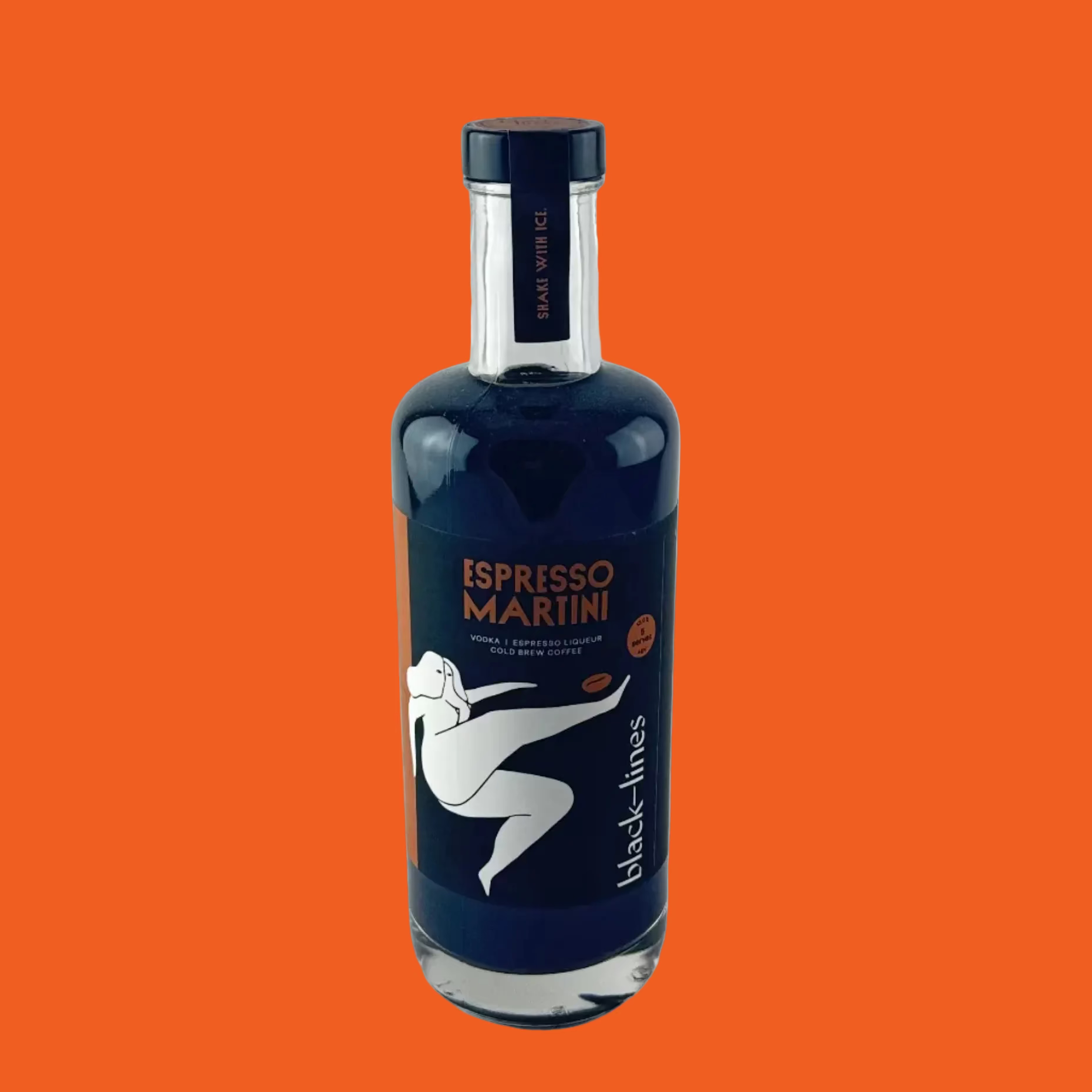Bottle of Espresso Martini with a blue and black label on a orange  background