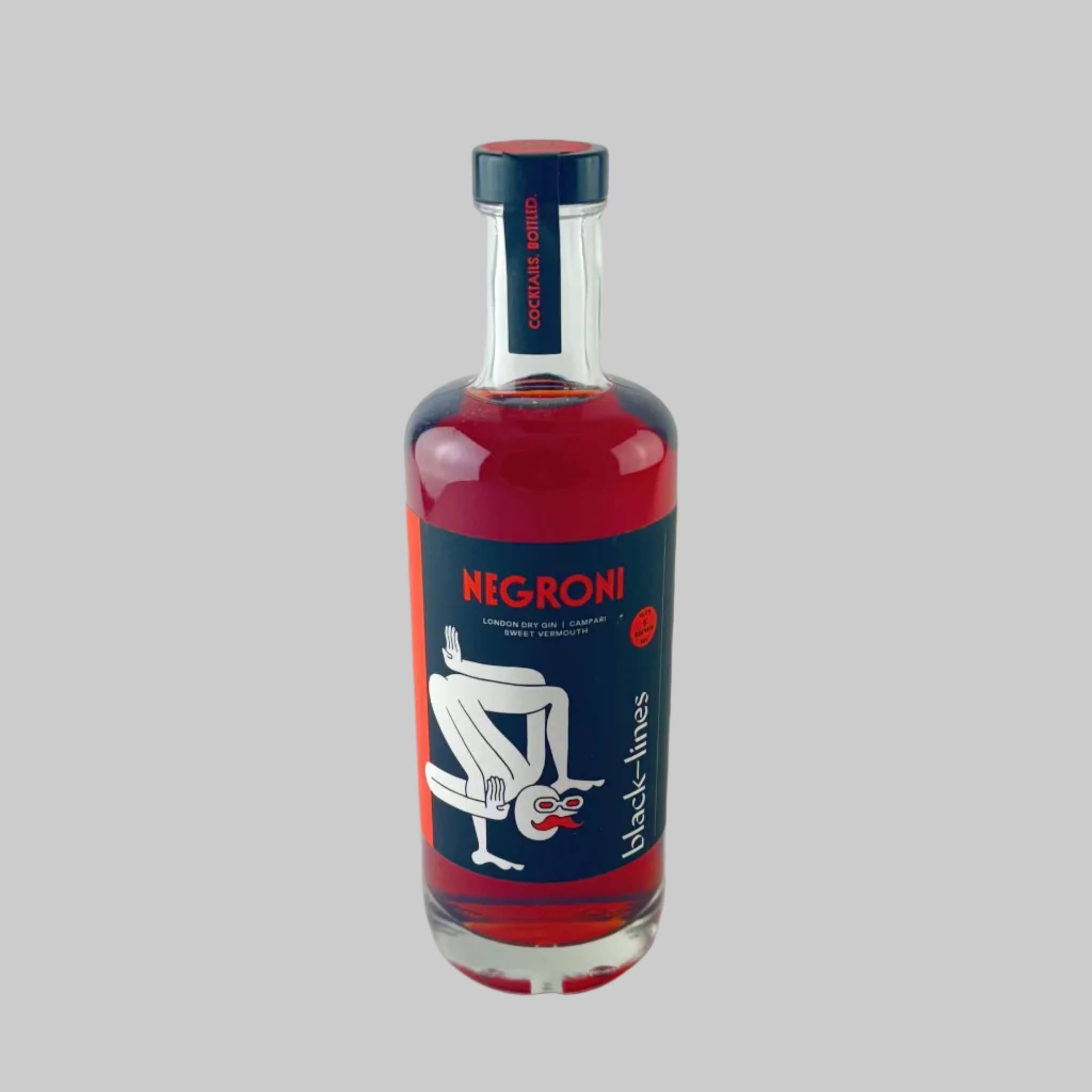 Bottle of Black Lines Negroni with a black and white label on a grey background