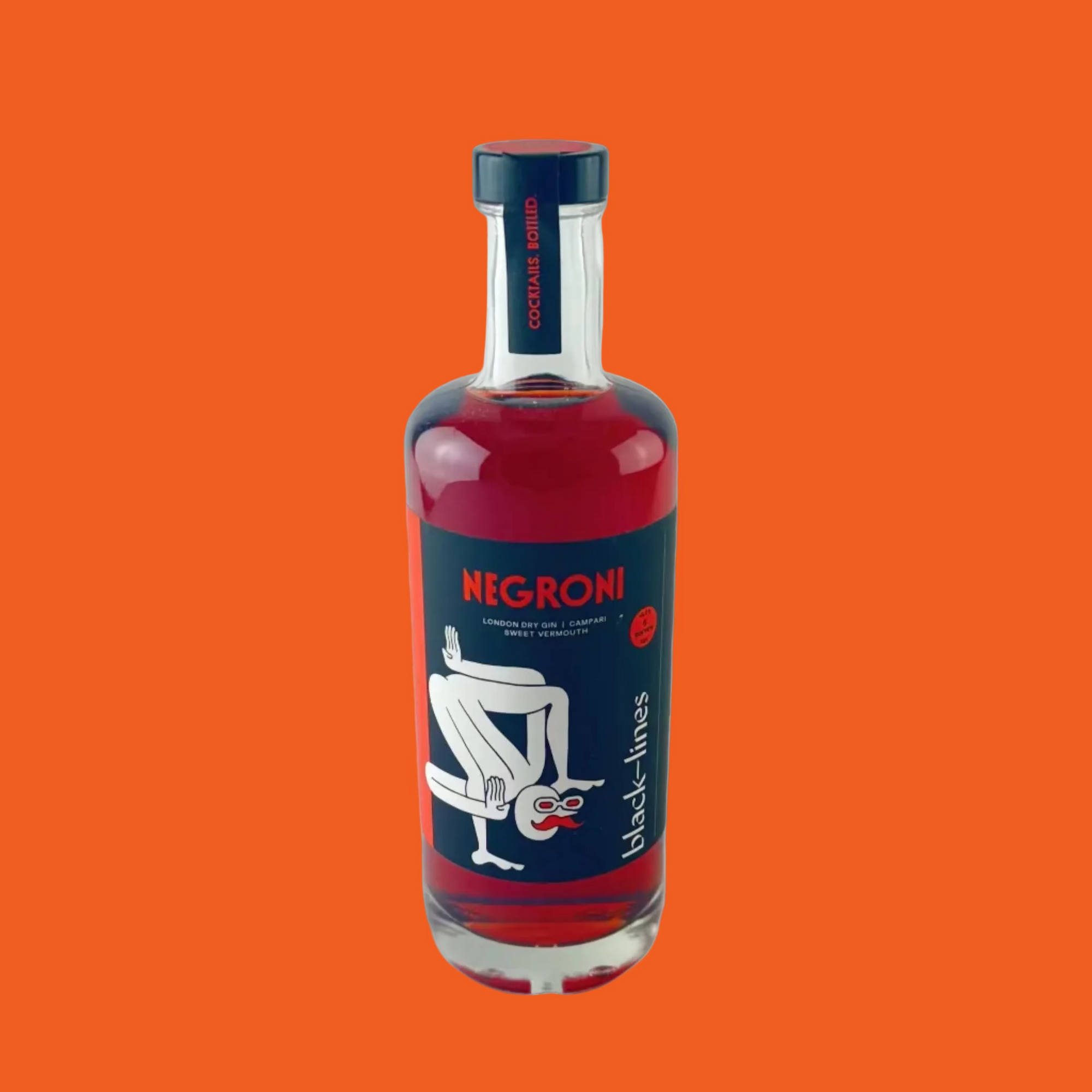 Bottle of Negroni with a red and blue label on an orange background