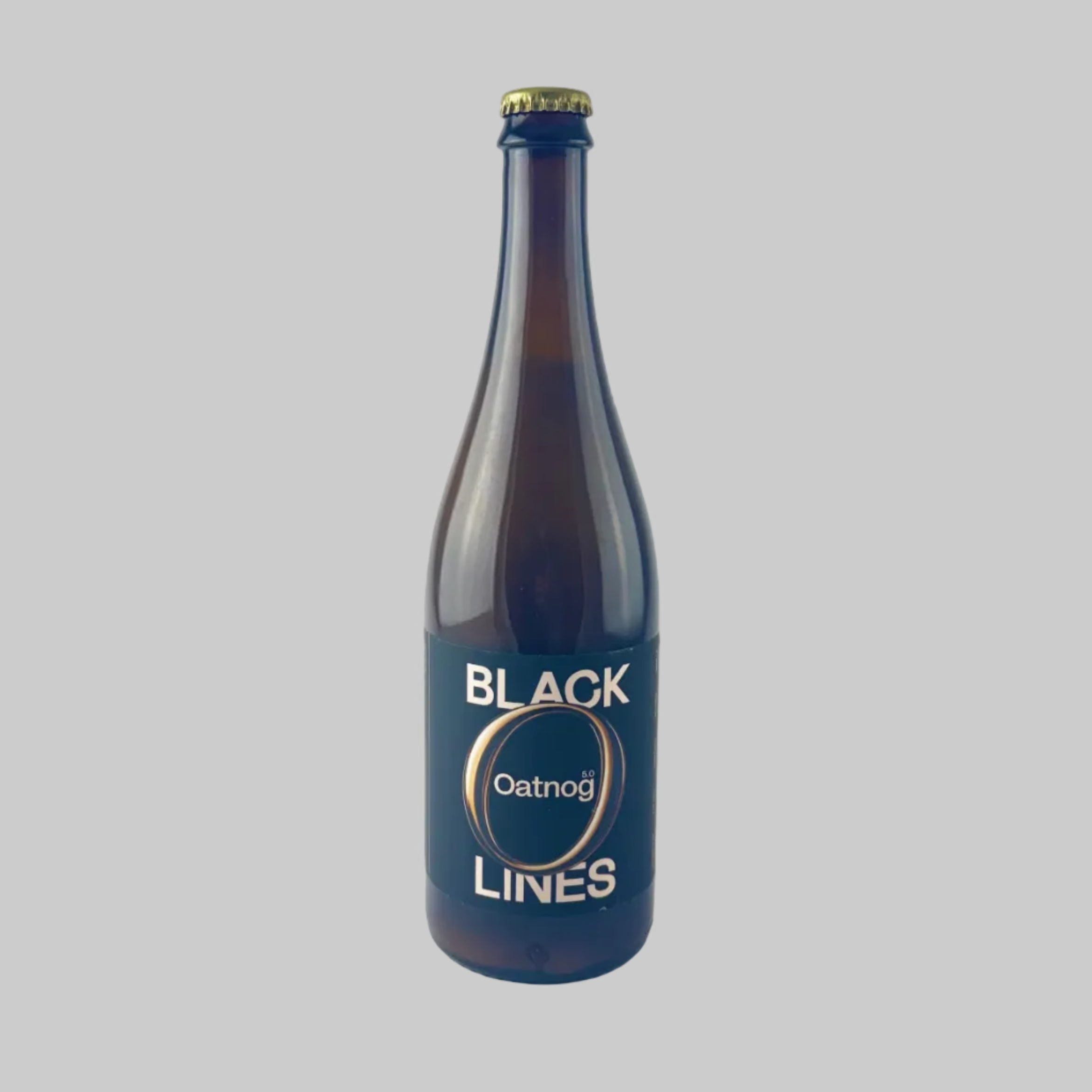Bottle of Black Lines Oatnog with a black label on a grey background