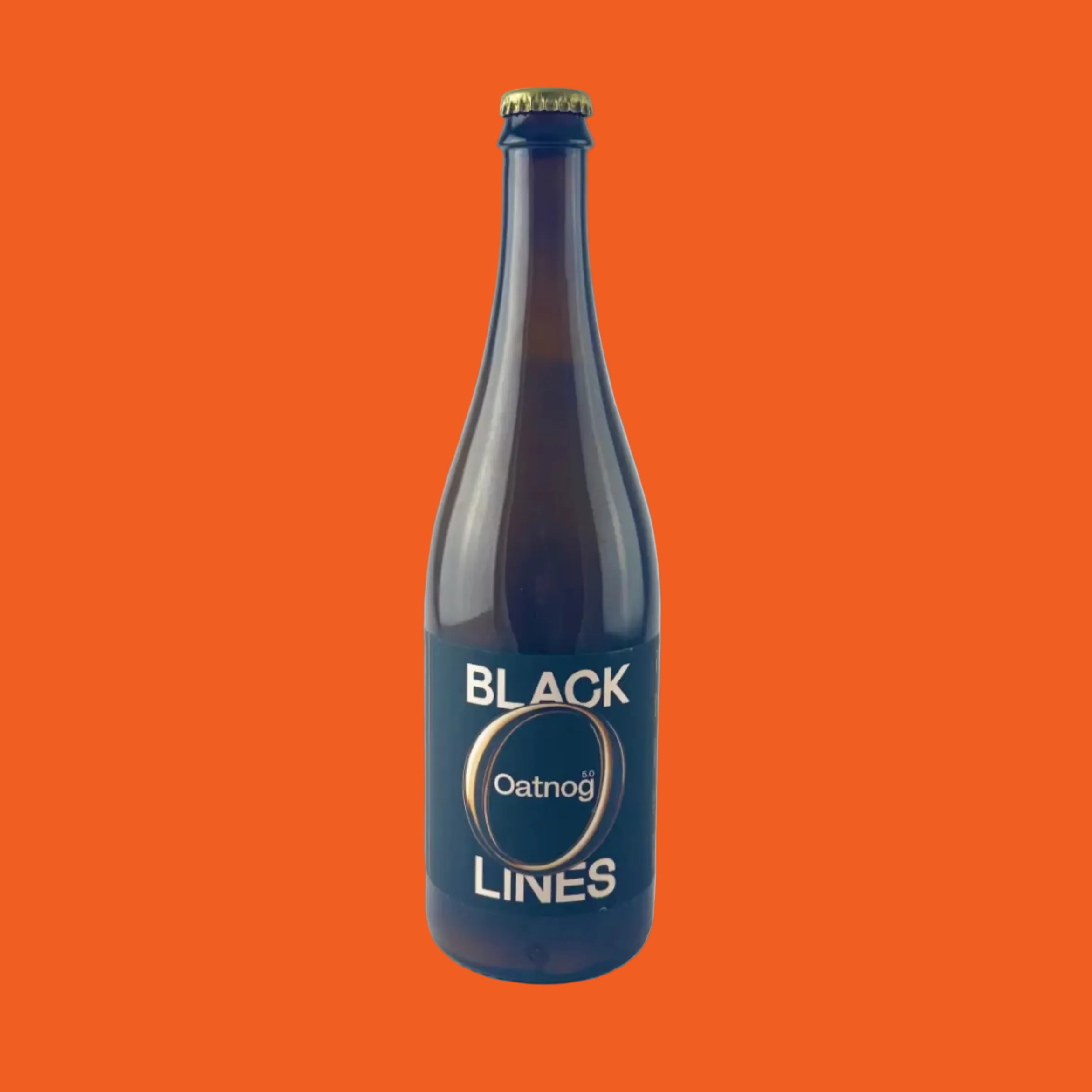 Black Lines oatnog bottle with a black and gold label on a orange background