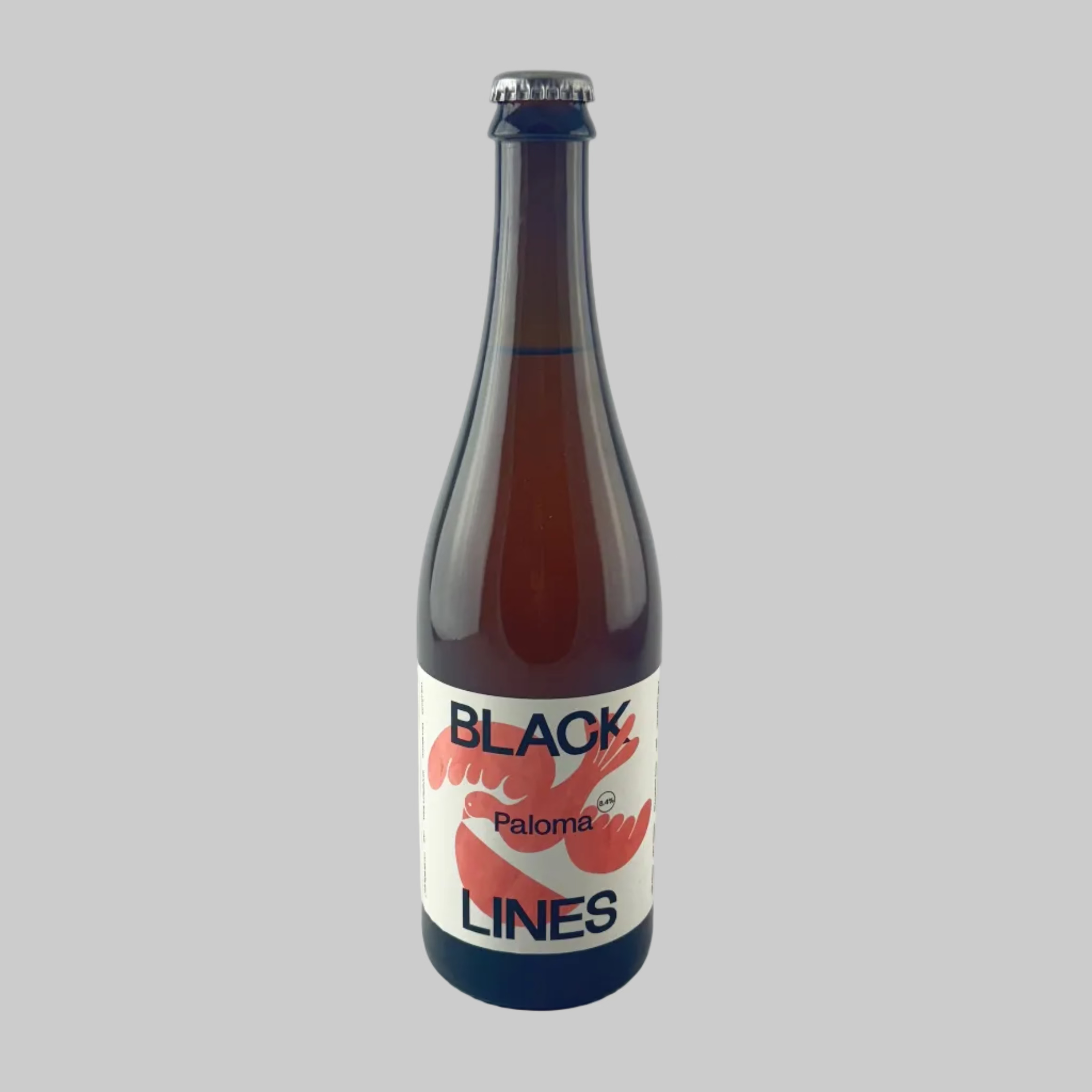 Bottle of Black Lines Paloma cocktail with red and white label on a grey background