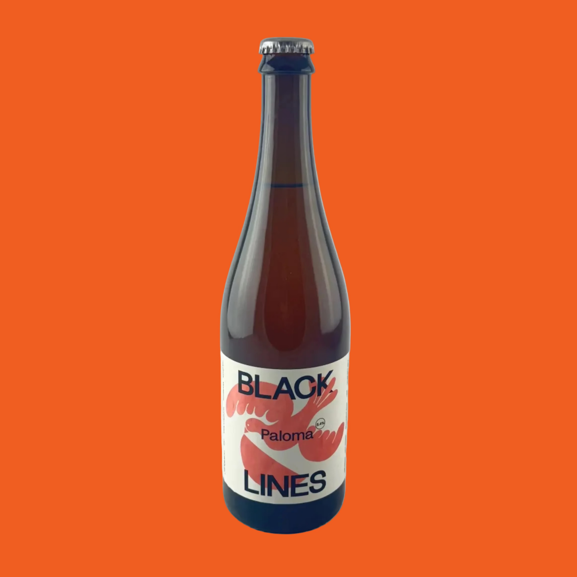 Bottle of Black Lines Paloma on a orange background