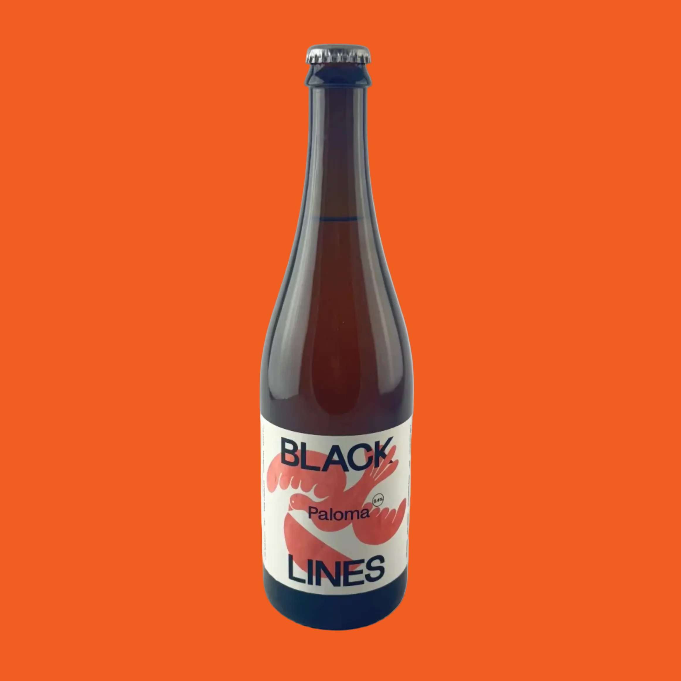 Bottle of Black Lines Paloma on a orange background