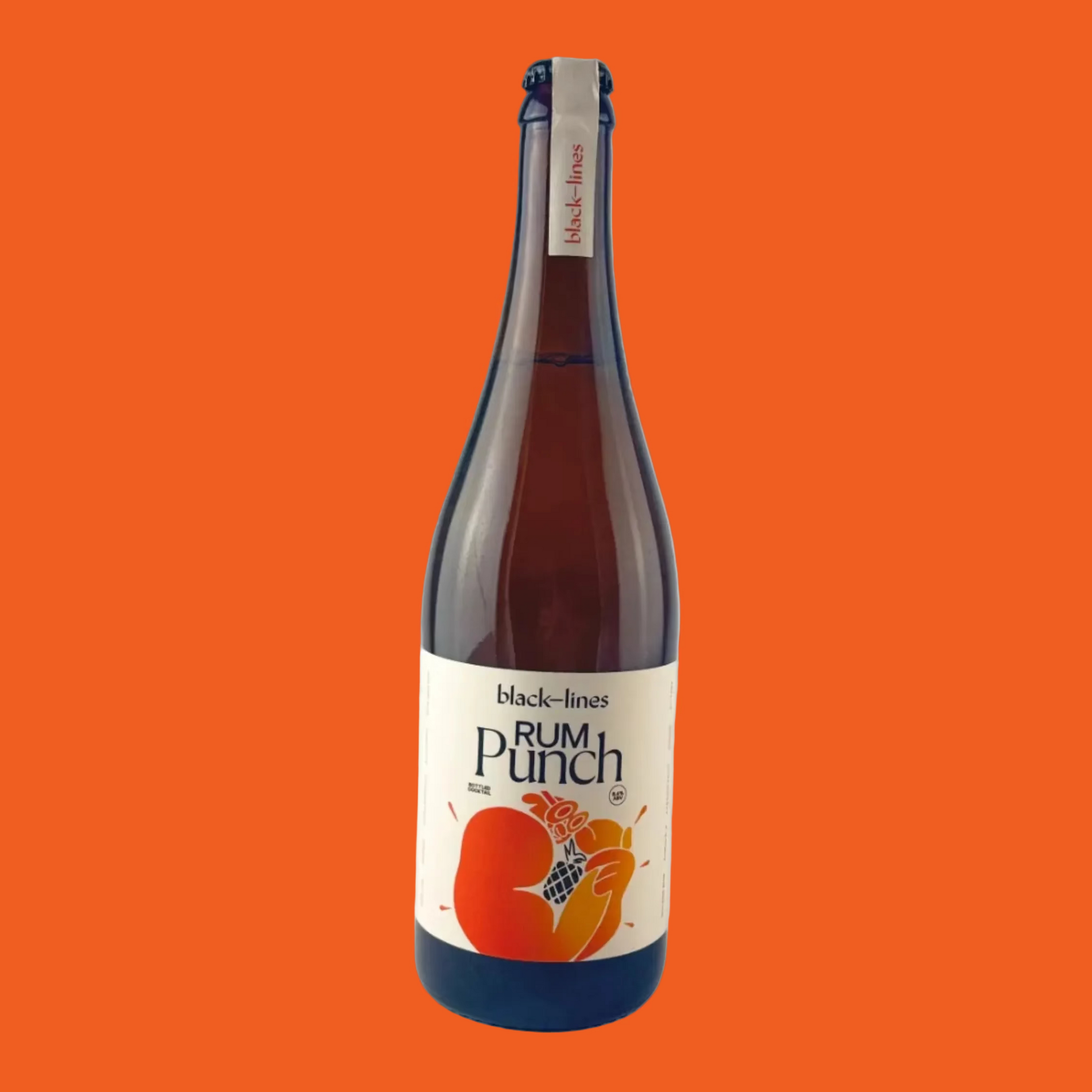Bottle of Rum Punch with a beige and peach label on a orange background