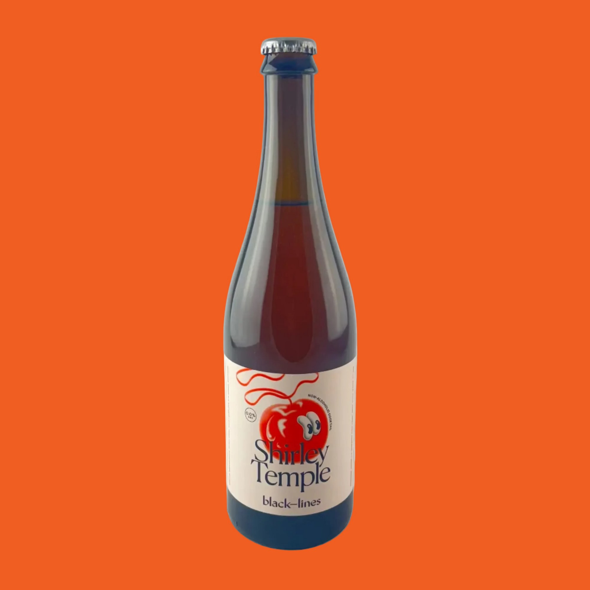 Bottle of Shirley Temple cocktall from Black Lines on a orange background