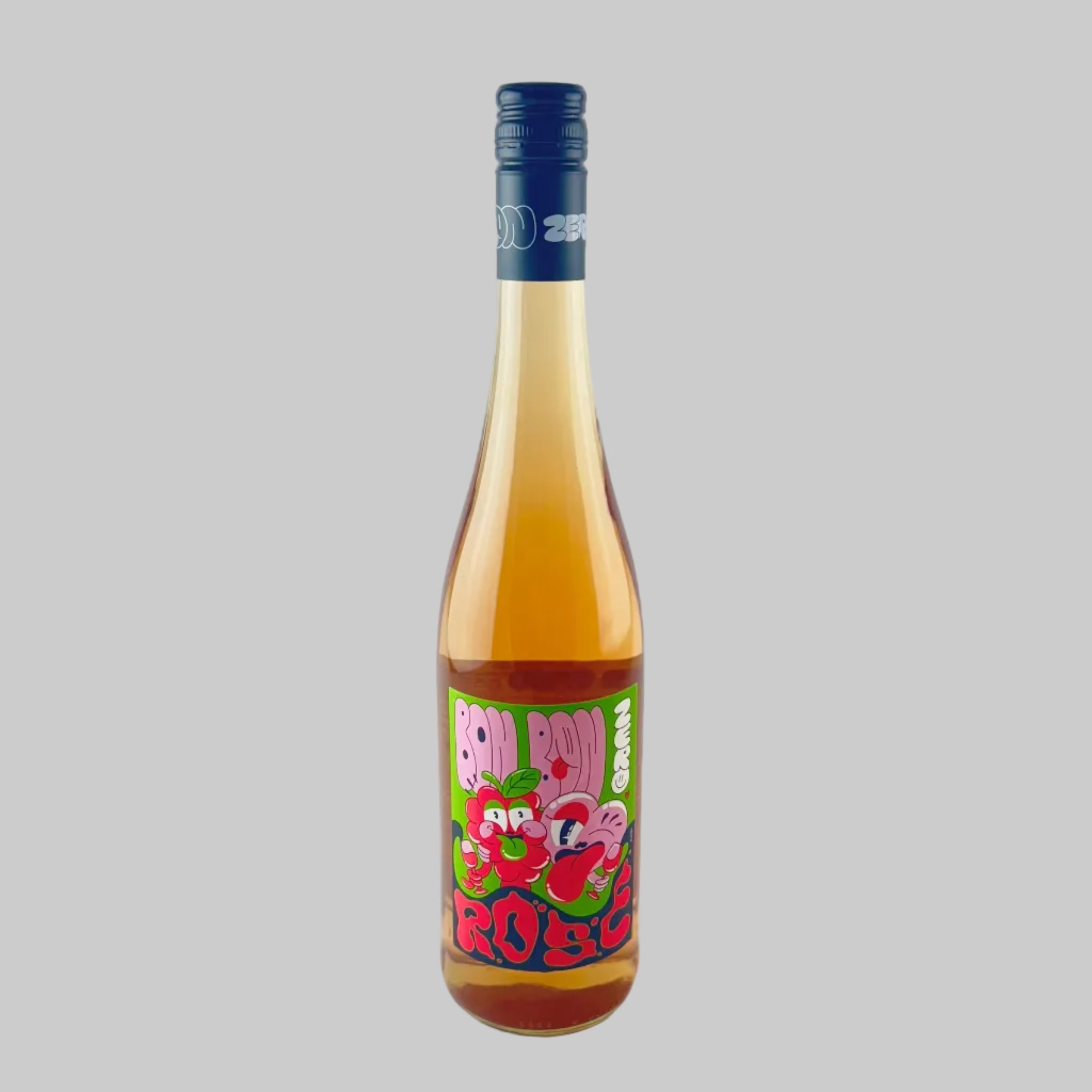 A bottle of Bon Bon Non-Alcoholic Rose wine with a cartoon based label on a grey background