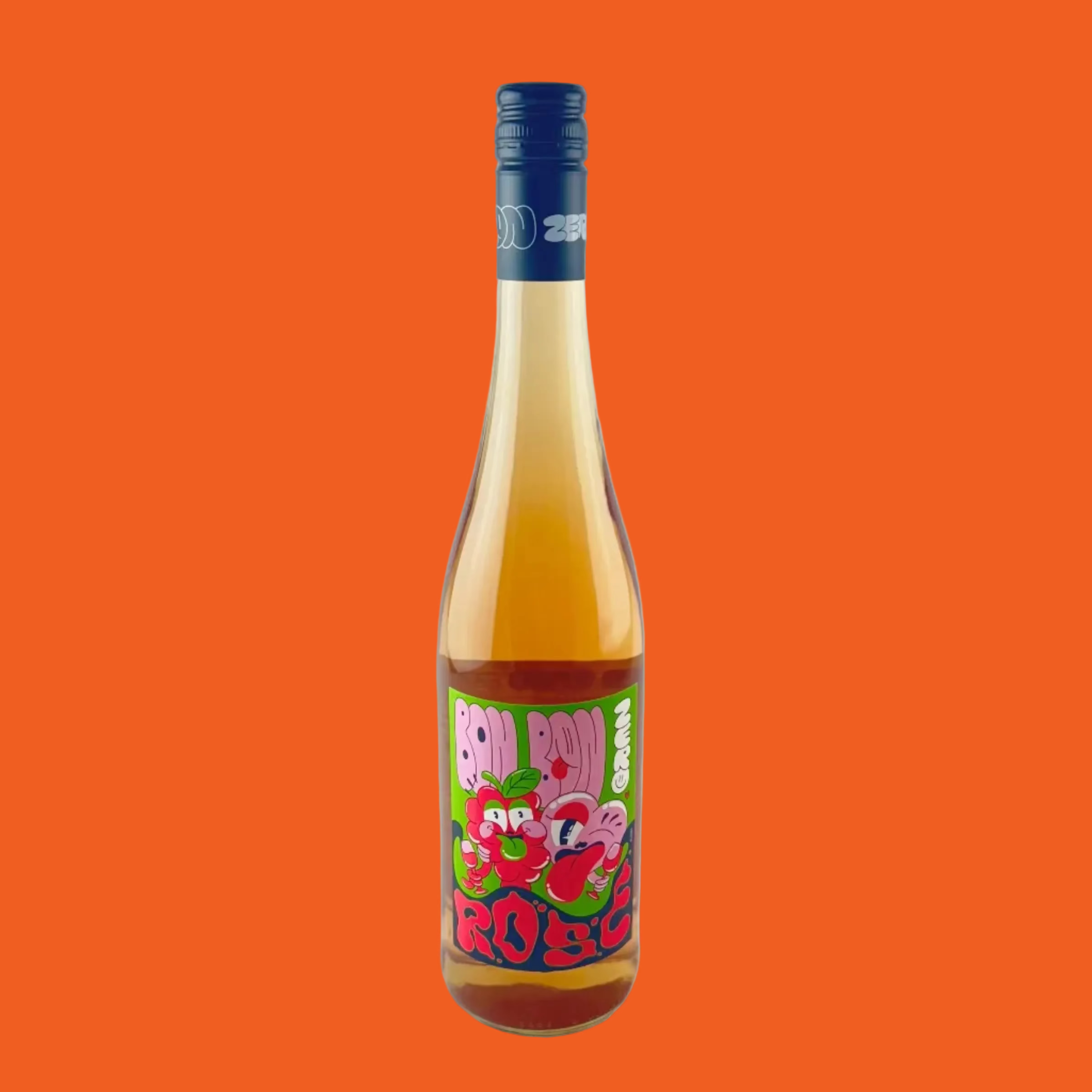 Bottle of non-alcoholic rose wine from Bon Bon with colourful label on a orange background