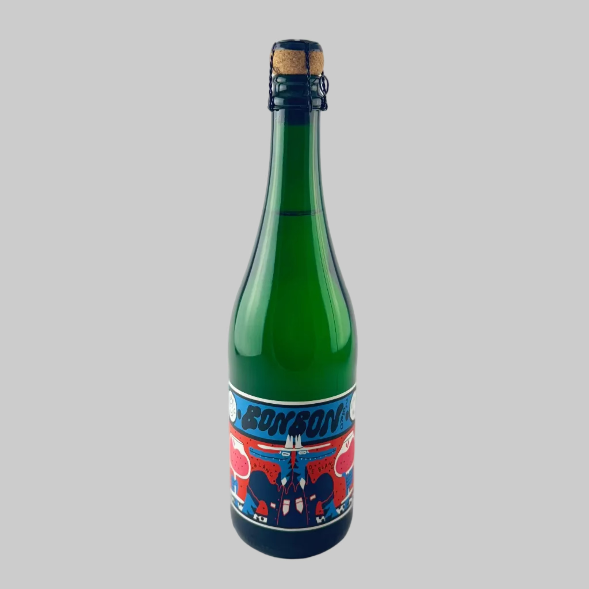 Bottle of Sparking Bon Bon Zero Blanc de Blanc NV Wine with a colourful cartoon label on a grey background