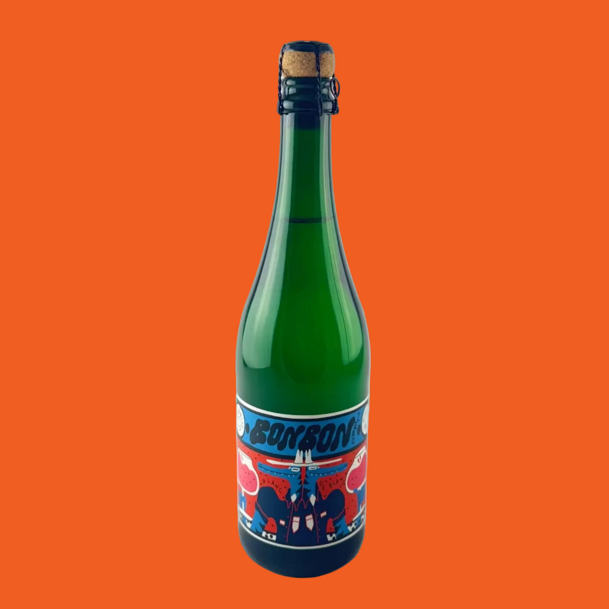 Green bottle of Bon Bon sparking non-alcoholic wine with a colourful label on a orange background

