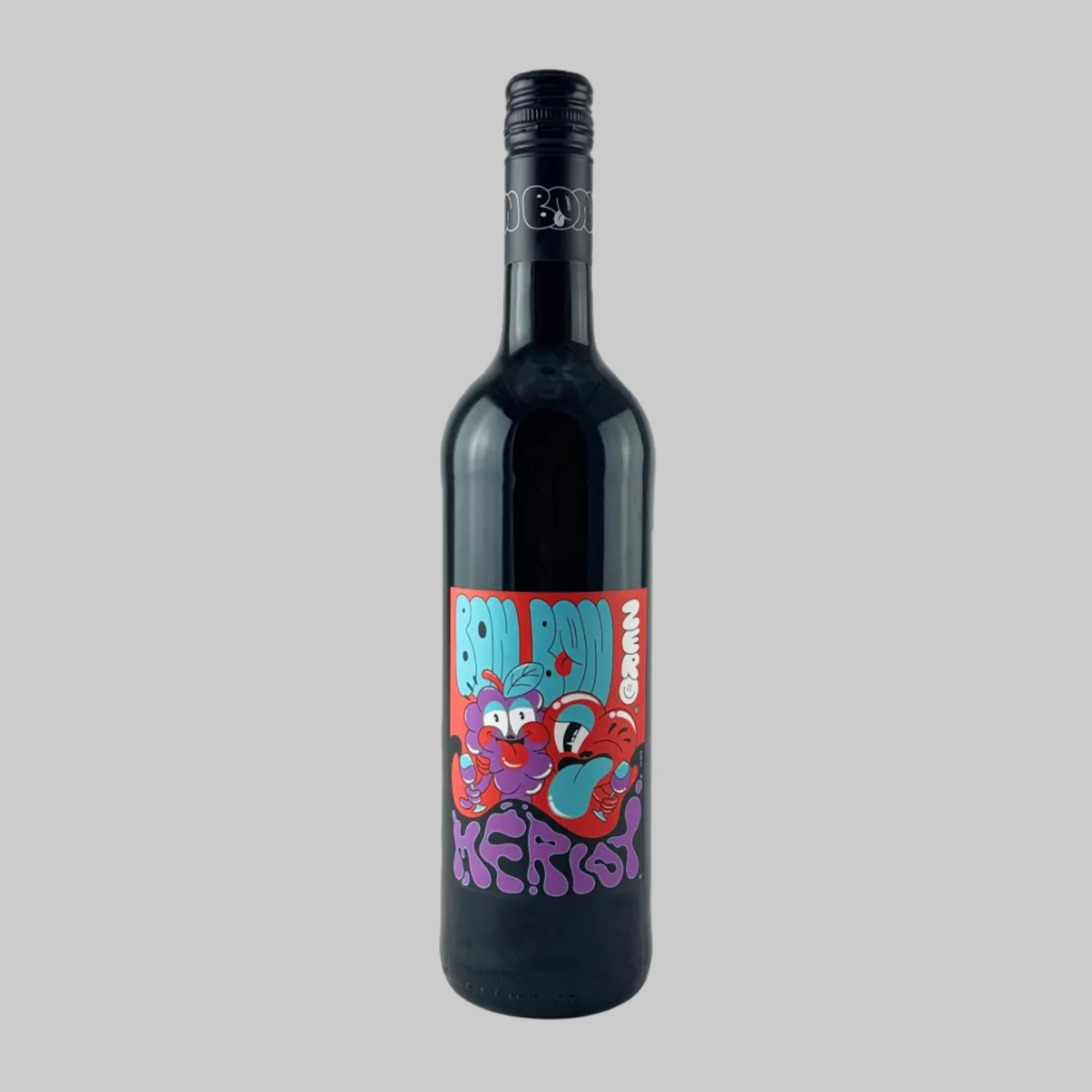 Bottle of Bon Bon Zero Alcohol Merlot wine with a colourful label on a grey background