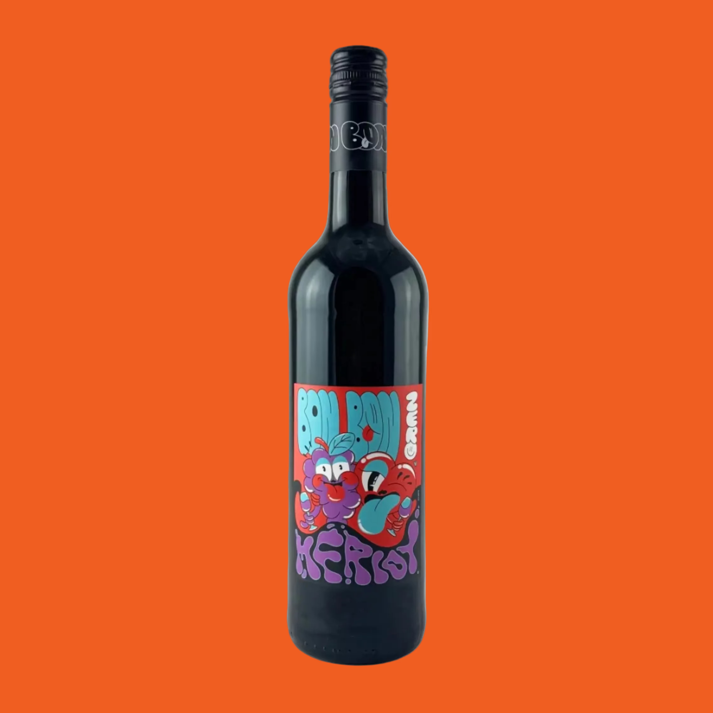 Bottle of zero alcohol merlot wine from Bon Bon with a colourful cartoon label on an orange background