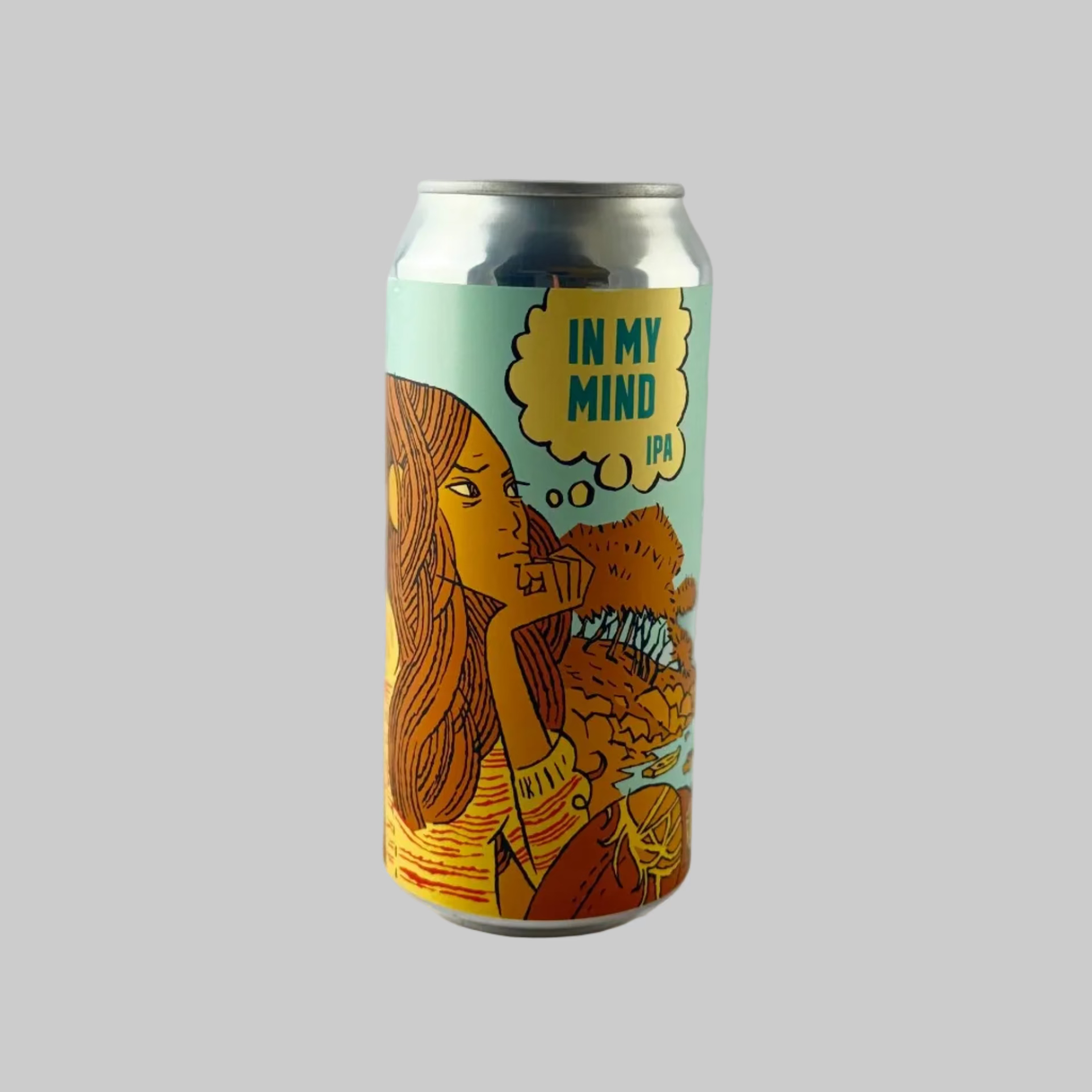 Can of Burning Sky In My Mind IPA with a colourful graphic label on a grey background