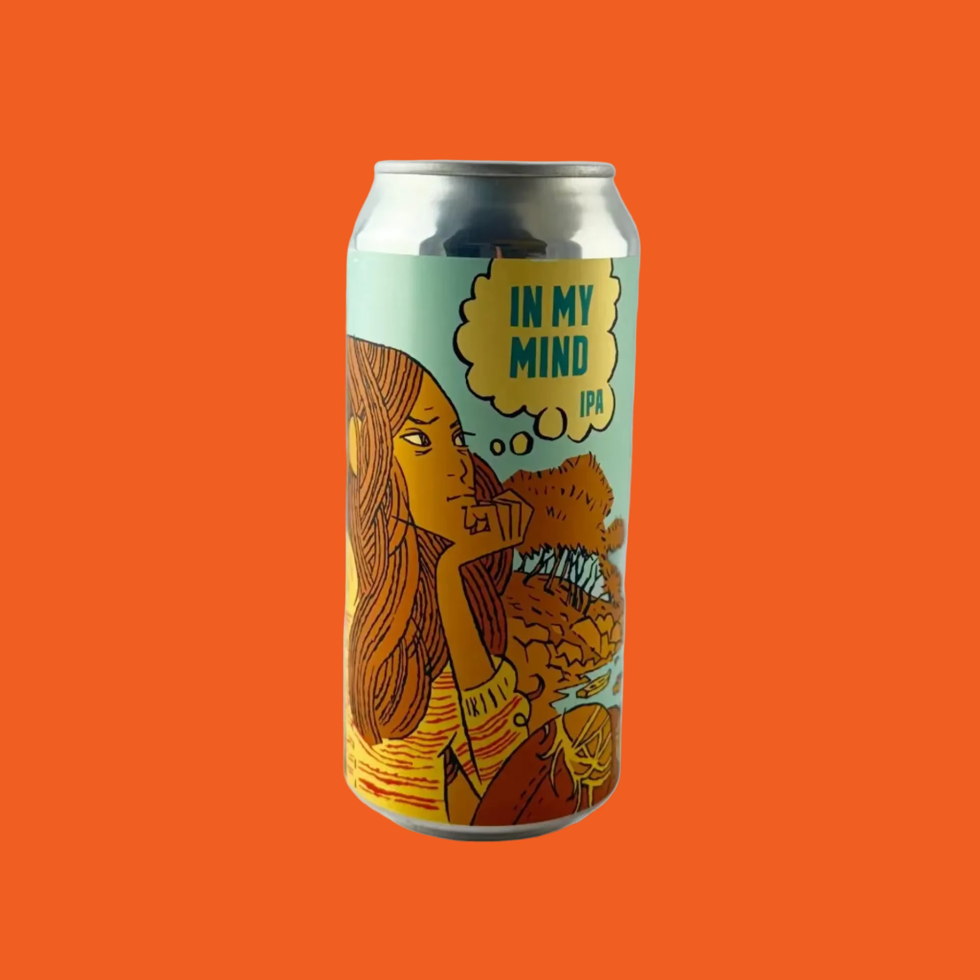 Beer can with 'In My Mind IPA' label on a orange background