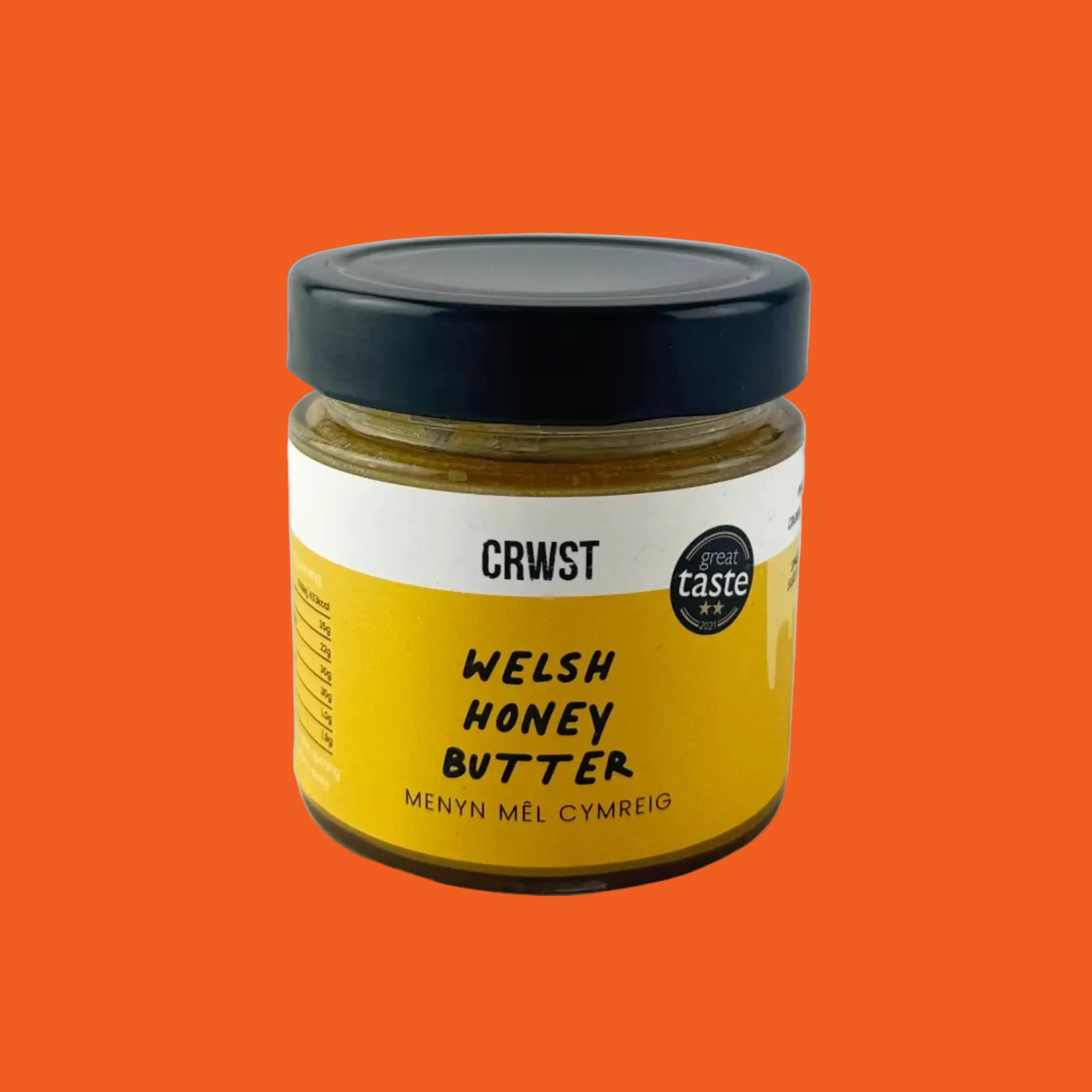 Jar of Welsh honey butter with a yellow label on a orange background

