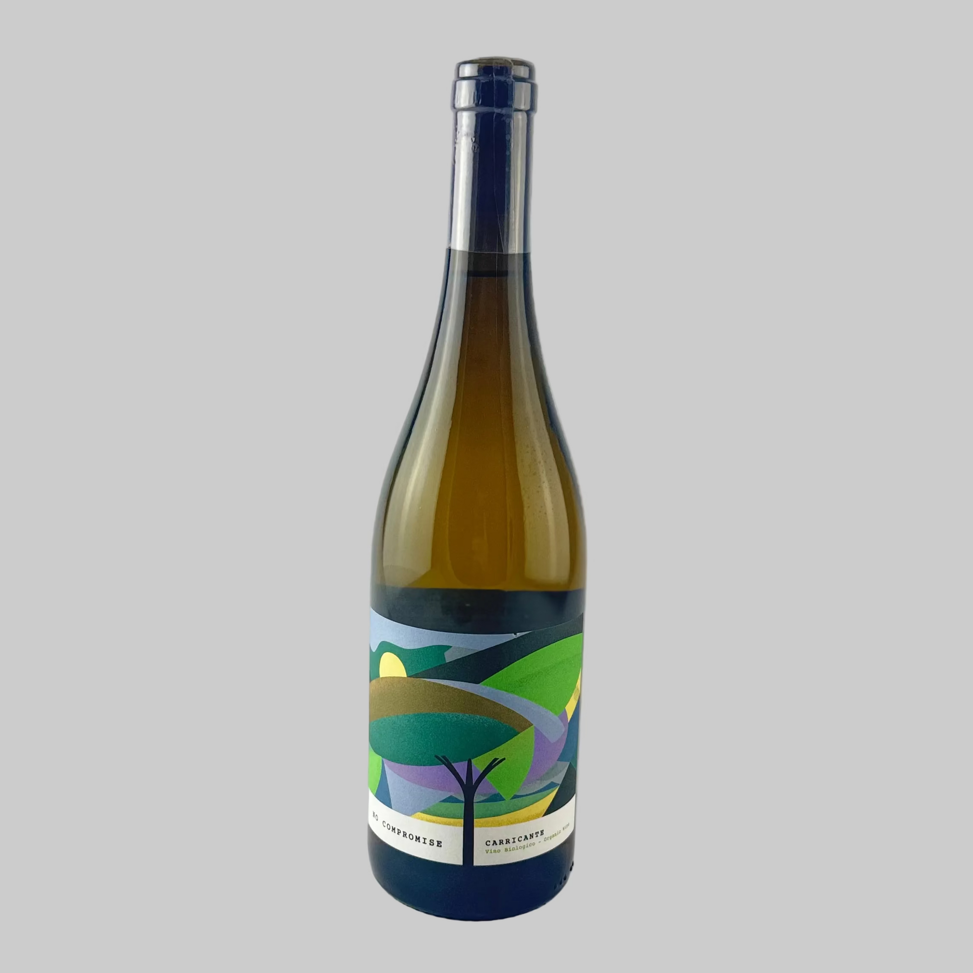 No Compromise wine bottle with a colourful label on a grey background

