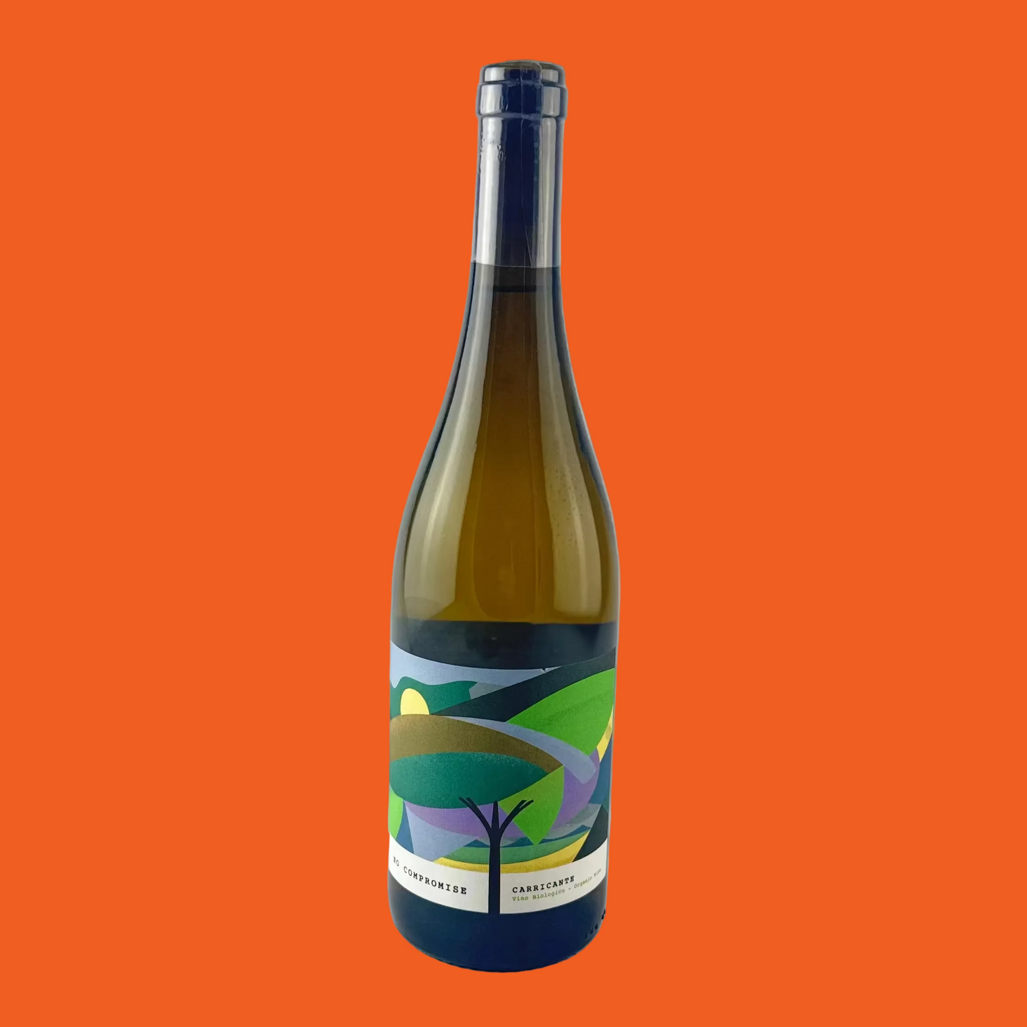 Wine bottle with a colorful label on a orange background