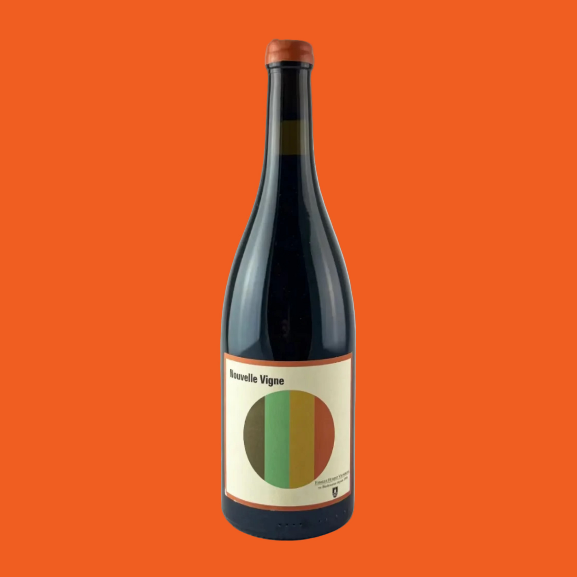 Nouvelle Vigne wine bottle with a colorful label on a orange background

