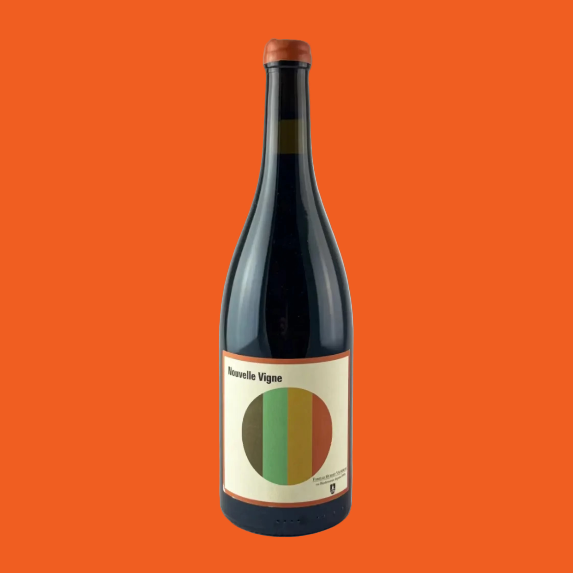 Nouvelle Vigne wine bottle with a colorful label on a orange background


