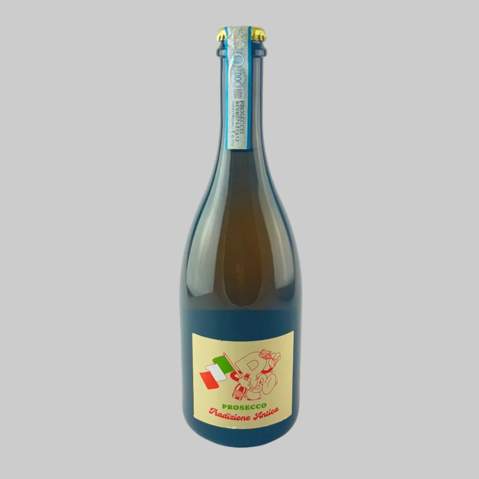Bottle of Tradizione Antica Prosecoo from Clapton Craft with yellow label on a grey background