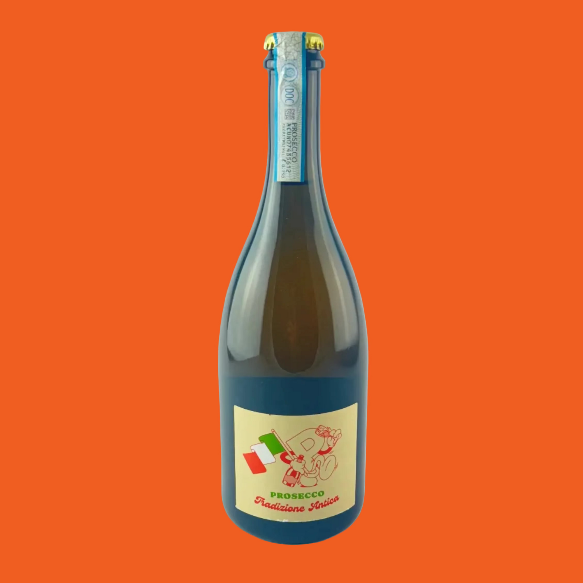 Bottle of Prosecco with a label on a orange background