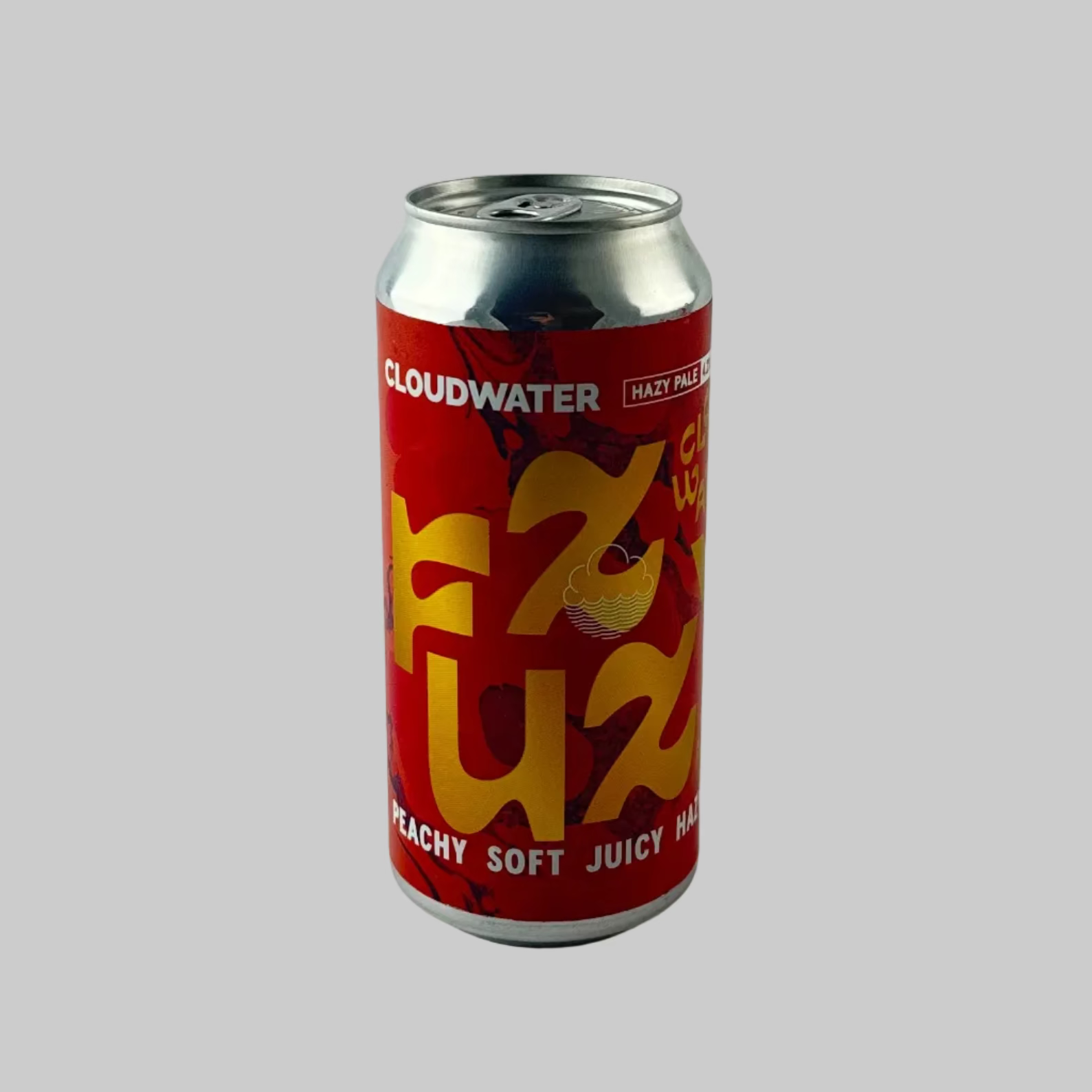 Red and silver can of Cloudwater F2 Fuzzo on a light grey background