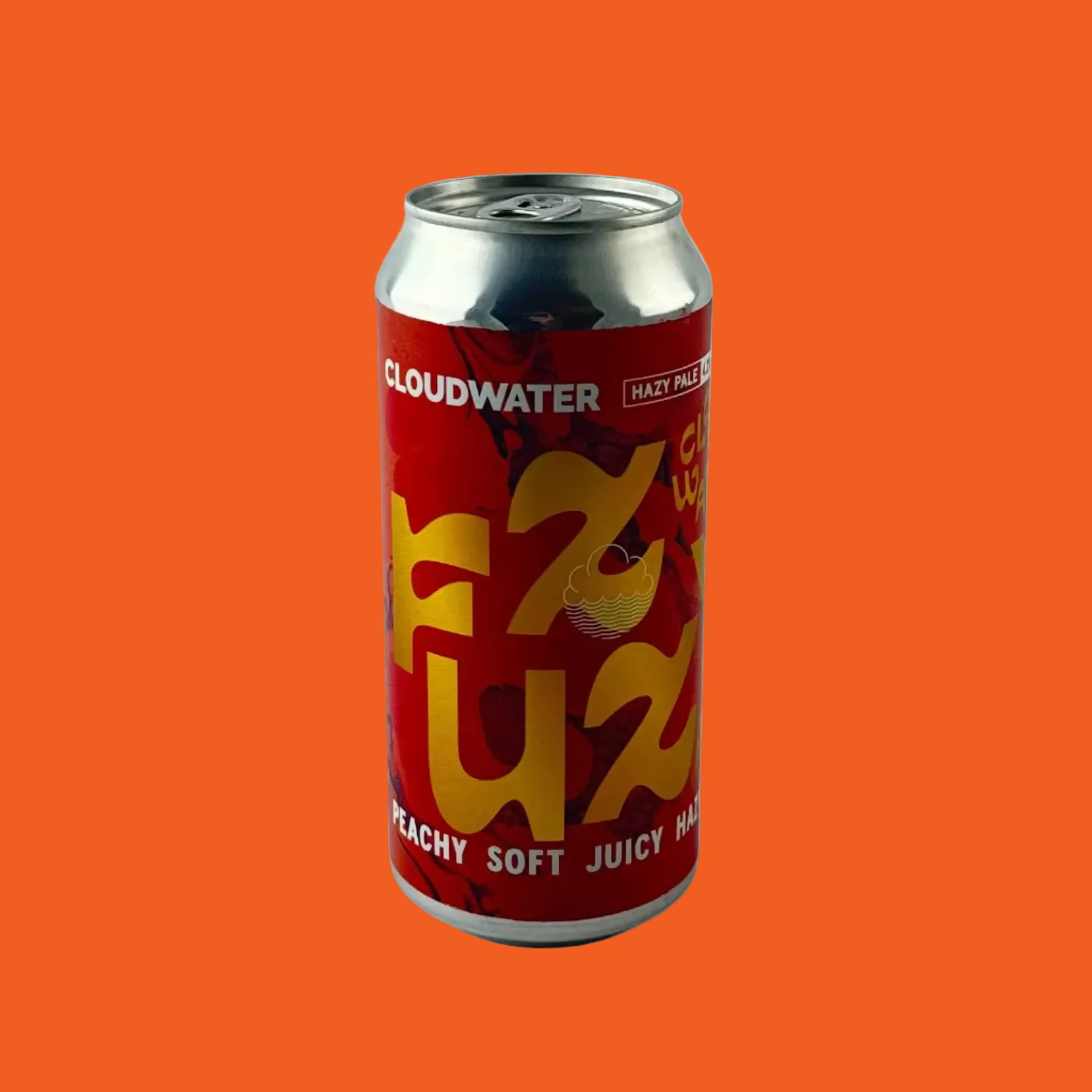 Red and silver can of Cloudwater F2 Fuzzo on a light orange background