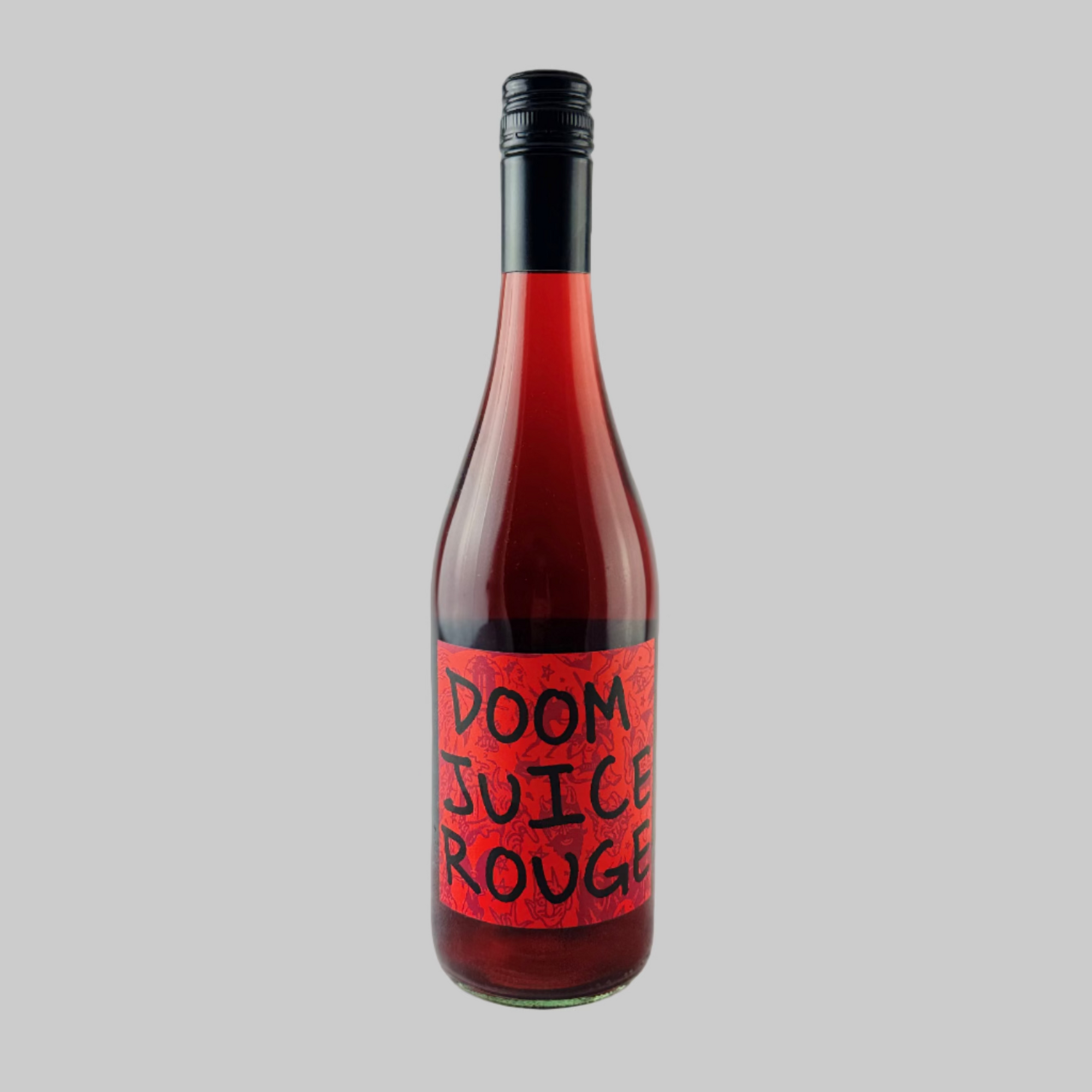 Bottle of Doom Juice Rouge with a red label on a grey background