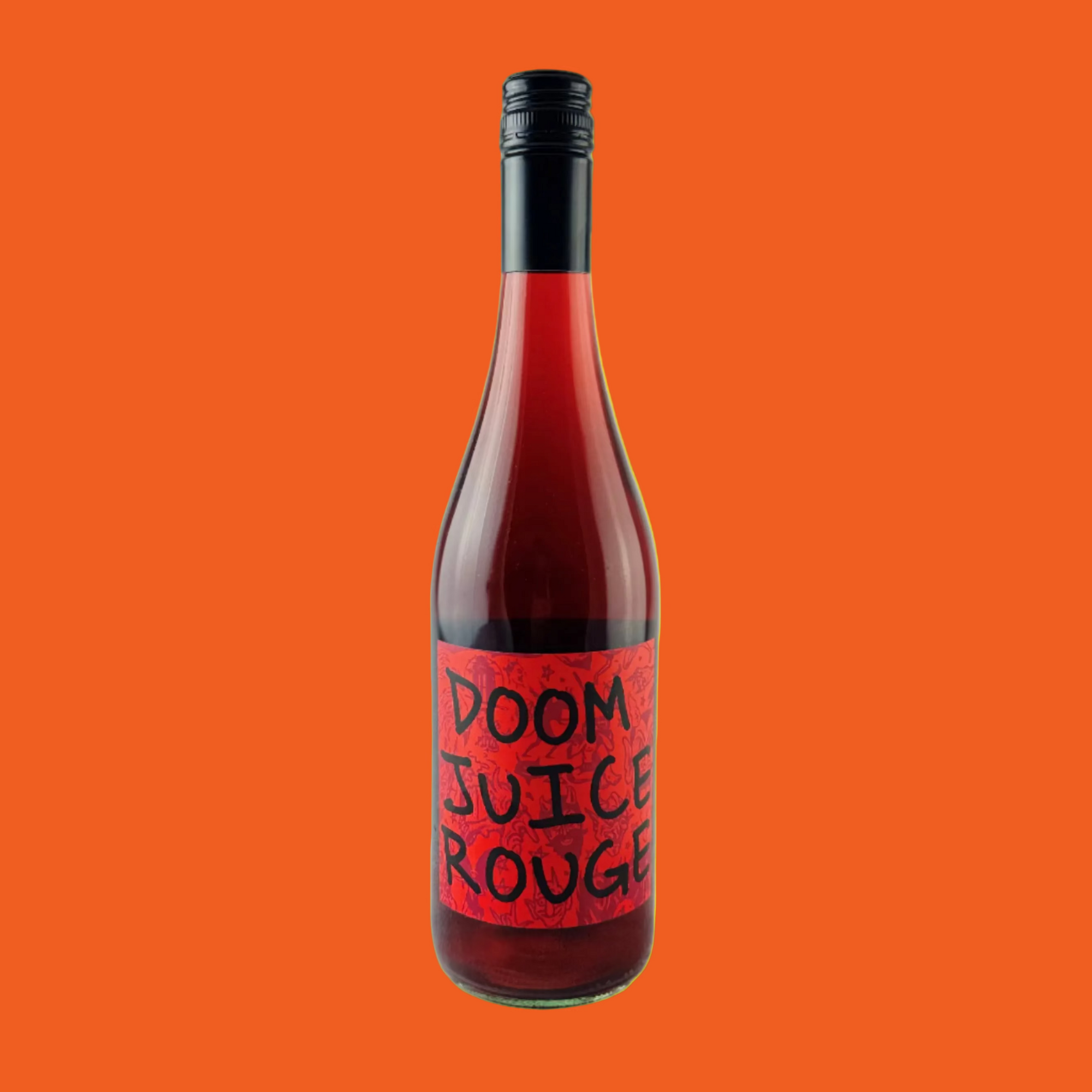 Bottle of Doom Juice Rouge with a red label on a yellow background