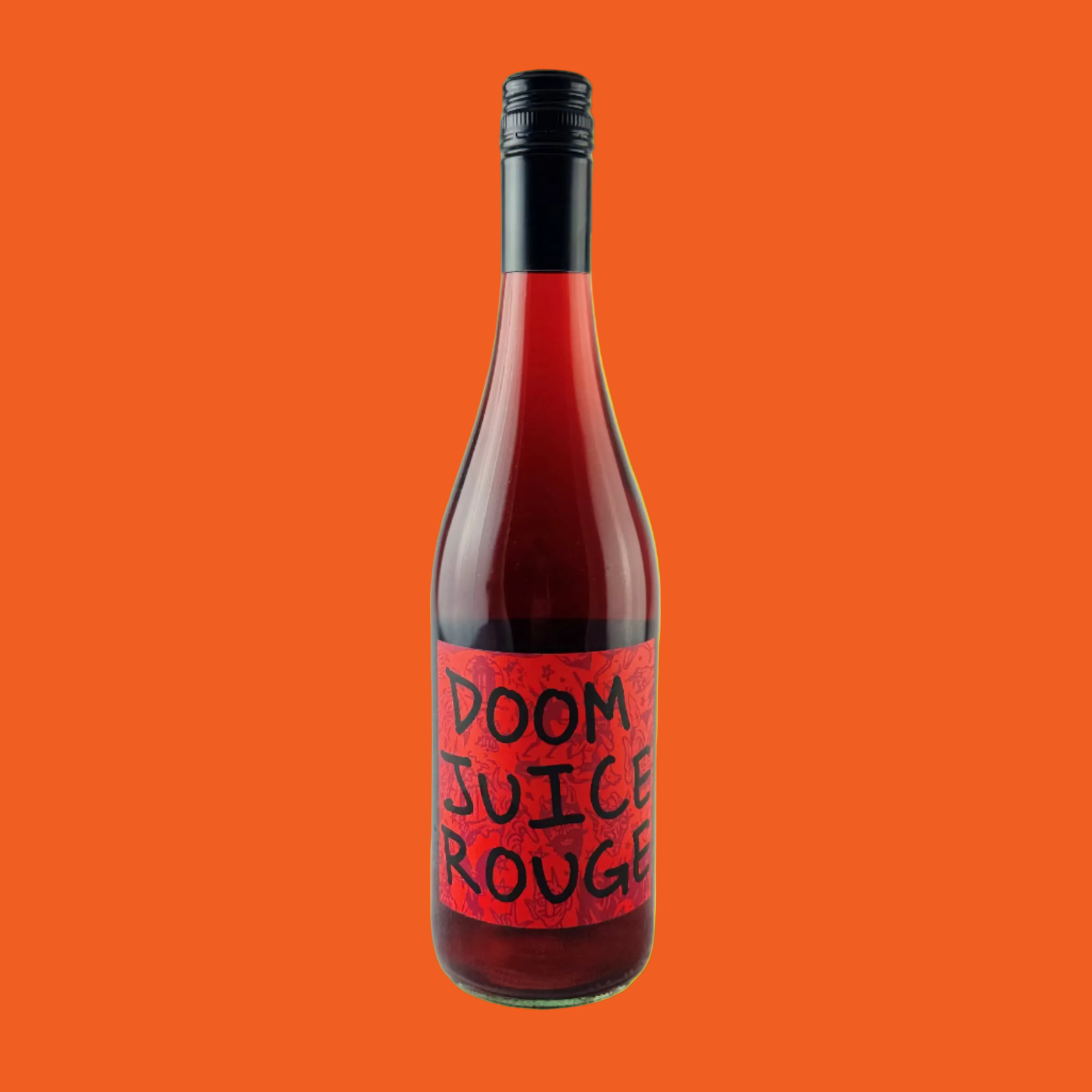 Bottle of Doom Juice Rouge with a red label on a yellow background