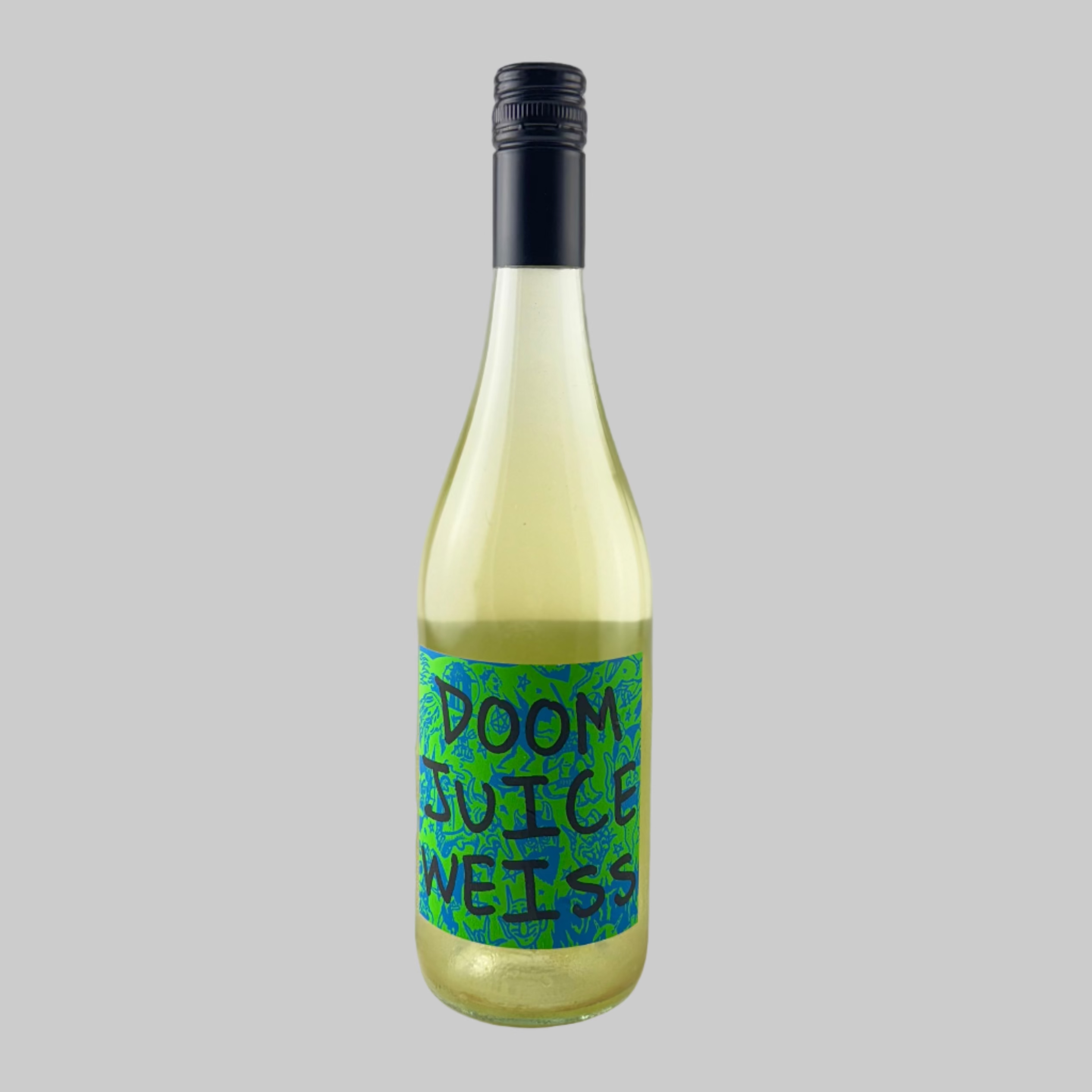Bottle of Doom Juice Weiss white wine with a colourful label on a grey background

