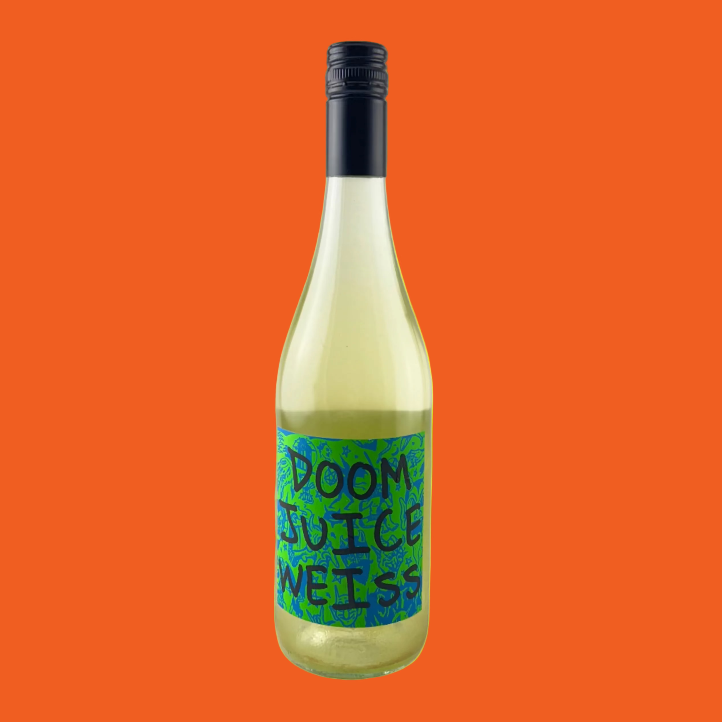 Bottle of Doom Juice Weiss white wine with a colourful label on a yellow background