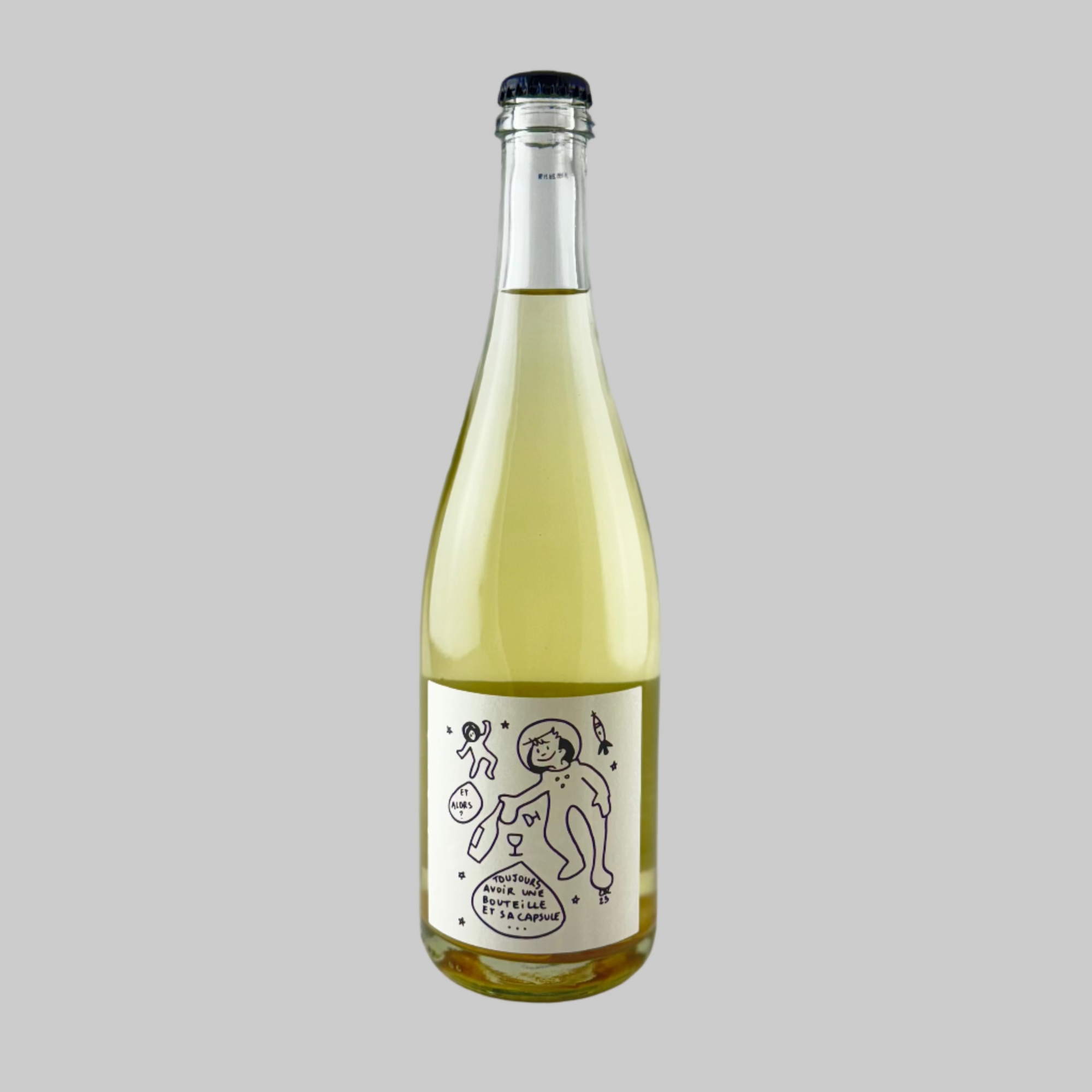 Bottle of Pet Nat sparkling wine with a black and white cartoon label of a grey background