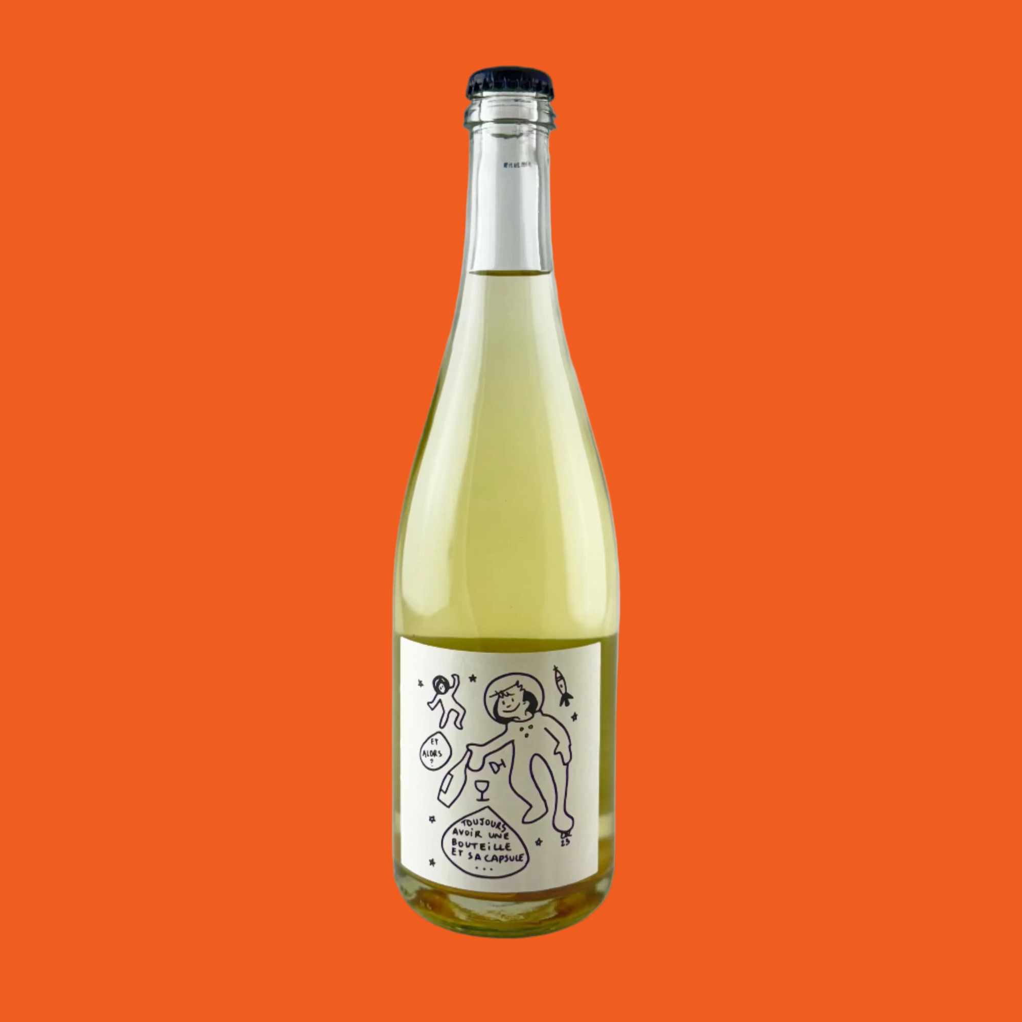 Bottle of Pet Nat white wine with a label on a orange background