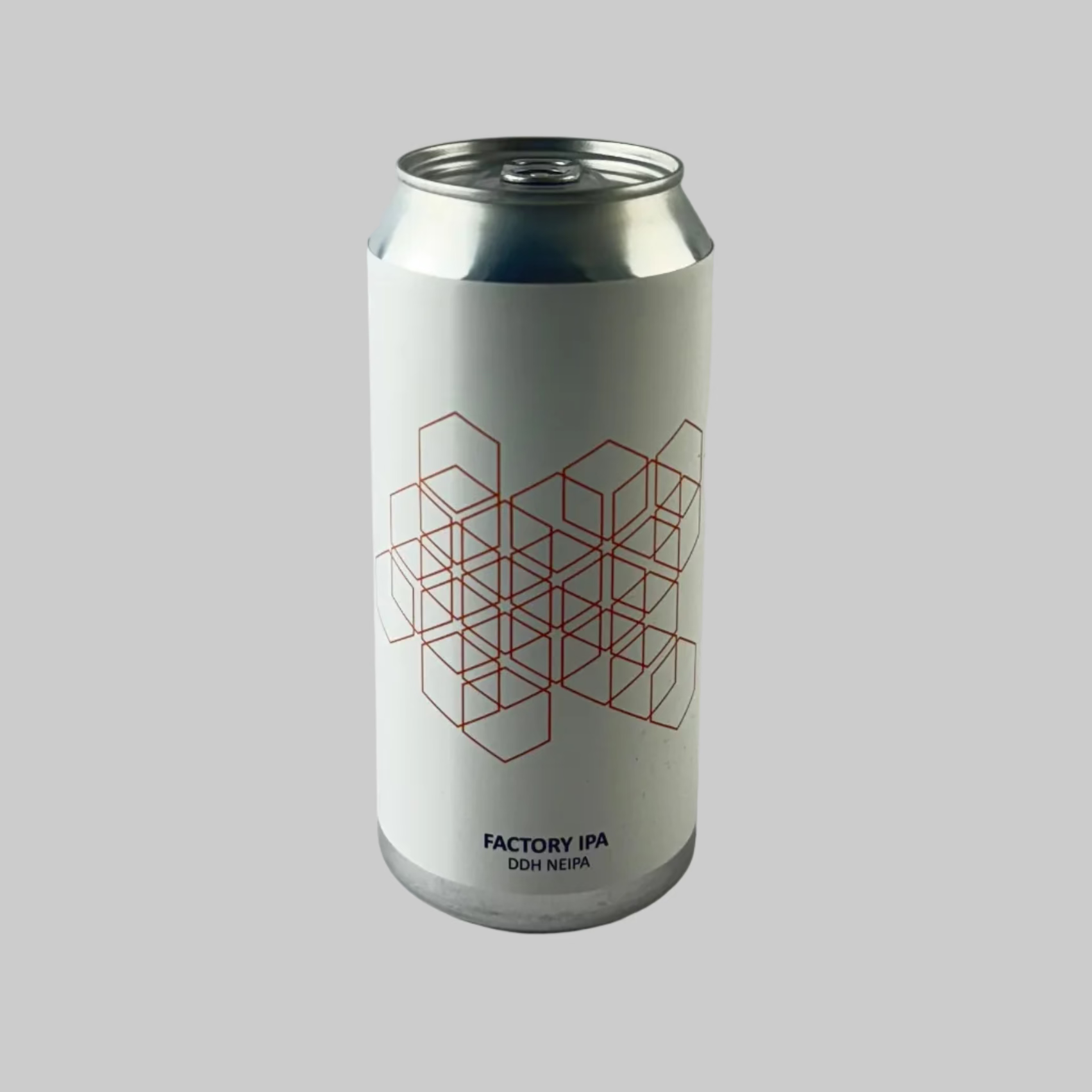 White can with geometric red design and 'Factory IPA' text on a grey background
