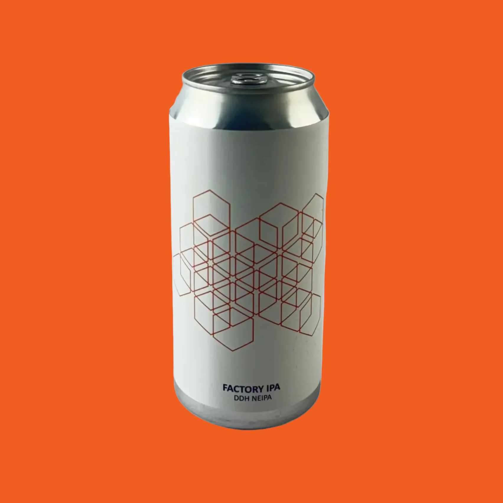 White can with geometric red design and 'Factory IPA' text on a orange background