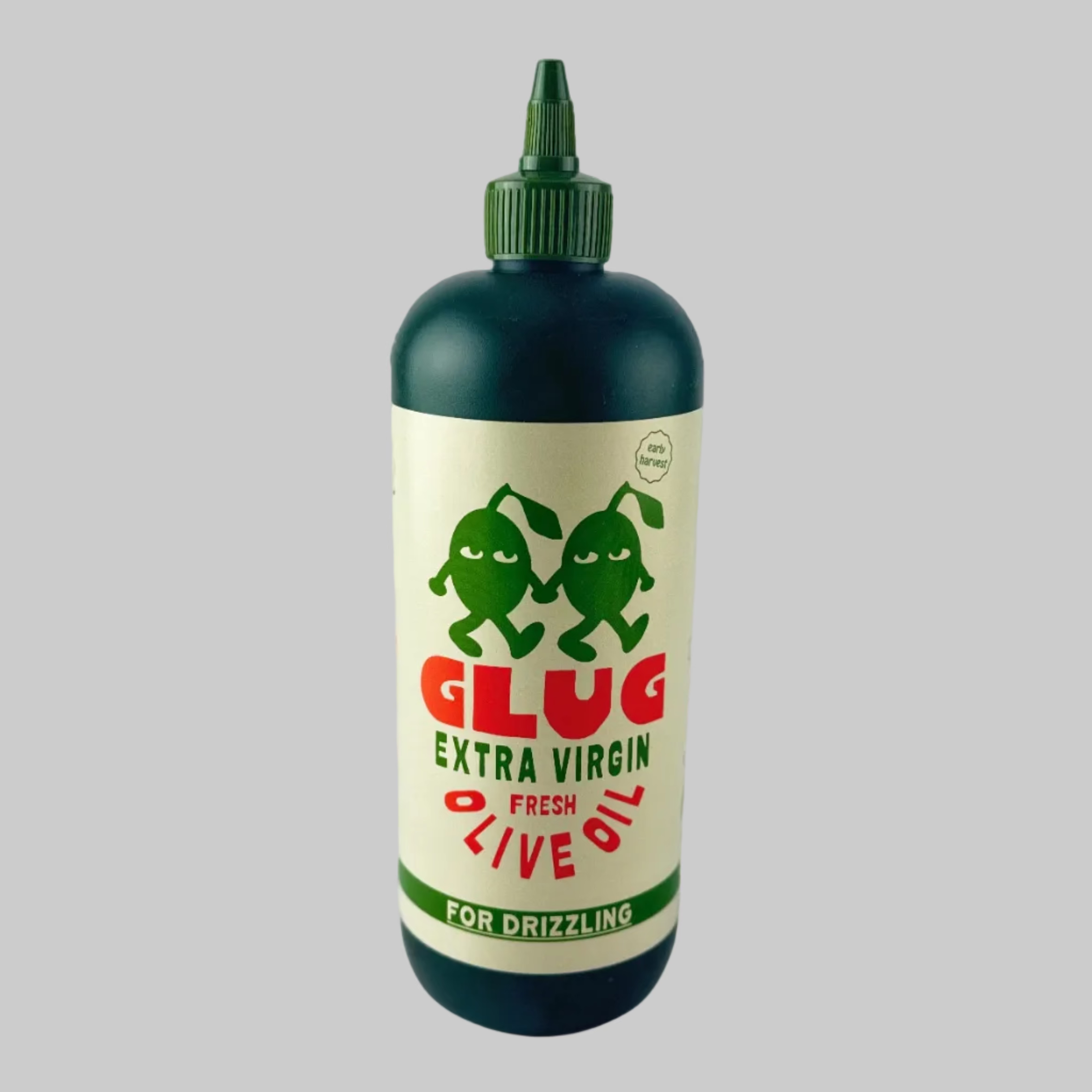 Bottle of GLUG Extra Virgin Olive Oil on a grey background
